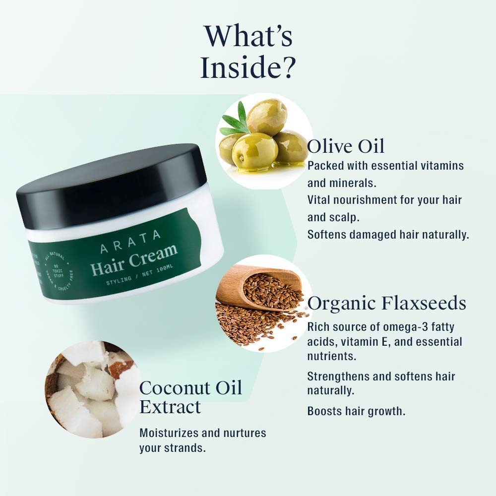 Arata Natural Styling & Hold Hair Cream with Organic Flaxseed & Olive Oil - All-Natural, Vegan & Cruelty-Free Hair Styling & Growth Formula for Women & Men (100g) - Perfect for Daily Styling, Frizz Control & Healthy Hair Care