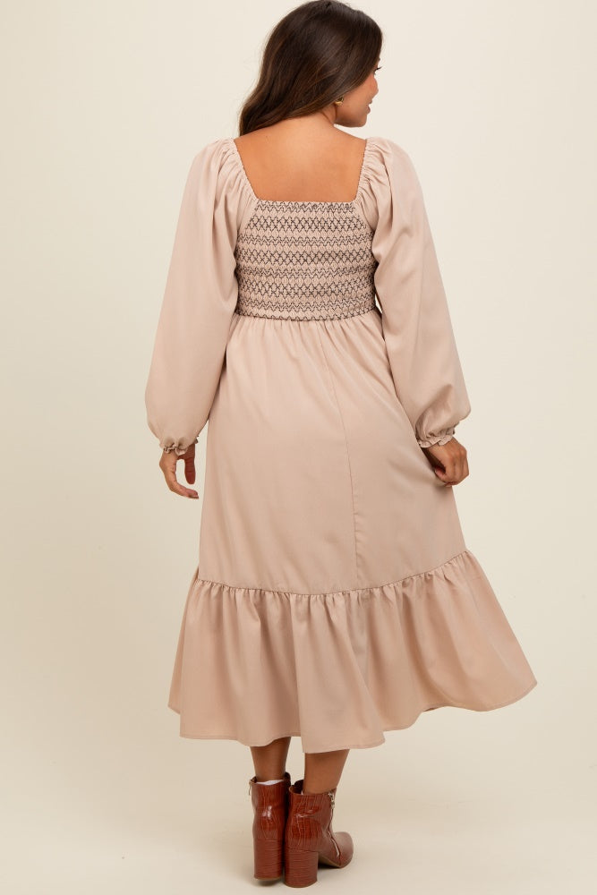 Beige Contrast Smocked Balloon Sleeve Maternity Midi Dress for Pregnancy Photos, Baby Showers & Special Occasions