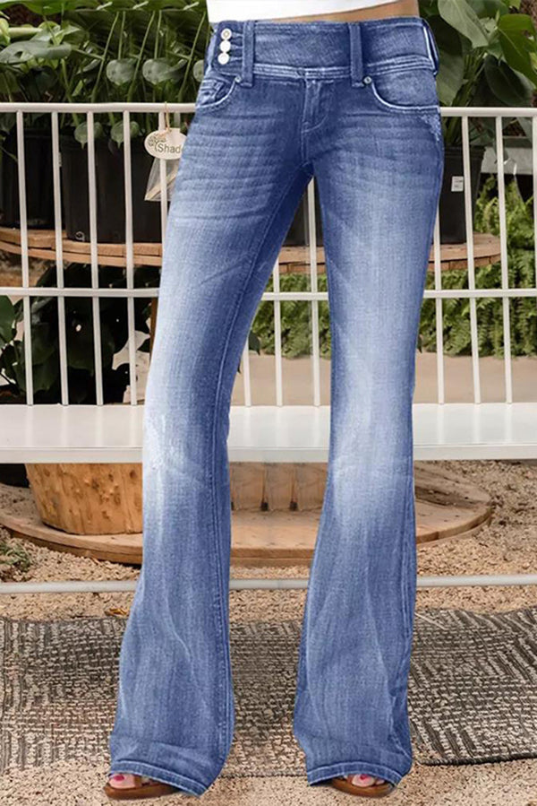 Vintage High Waist Flared Jeans with Side Button Pockets - Retro 70s Style Denim Pants for Women, Perfect for Casual Outings & Boho Fashion Looks