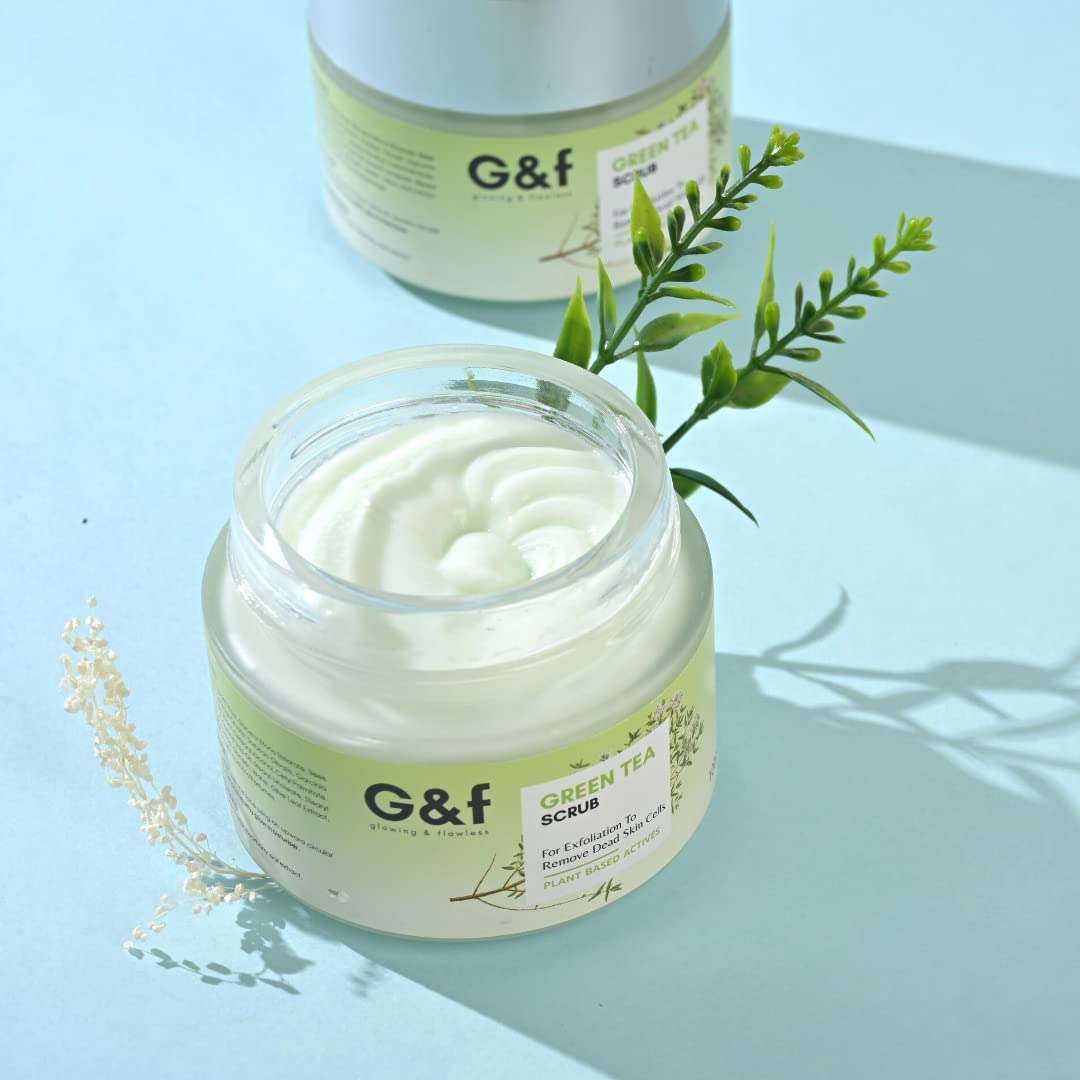 G&F Green Tea Exfoliating Face Scrub for Tan Removal & Acne Prevention - Deep Cleansing Facial Scrub for Blackheads, Dirt & Dead Skin - Suitable for Women & Men - Use on Face, Neck, Elbows & Knees for Soft Smooth Skin - Perfect for Daily Skincare Routine & Post-Sun Care - 100g