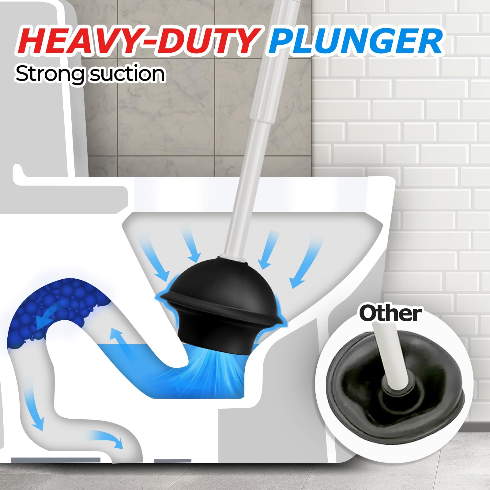 2 in 1 Toilet Plunger and Brush Set with Extended Handle - Heavy Duty Bathroom Cleaning Tools for Clogged Drains - Light Grey Toilet Bowl Brush Plunger Combo (21 Inch) - Perfect for Home, Apartment & RV Bathroom Maintenance