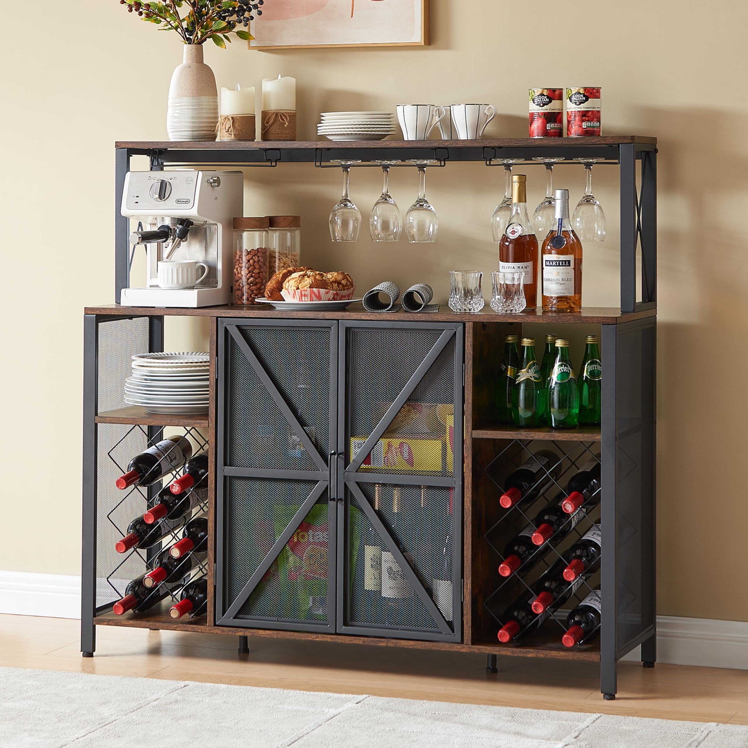 Industrial Coffee Bar Cabinet with Storage - Rustic Brown Sideboard Buffet for Kitchen, Dining Room & Bar | Wine Rack, Glass Holder & Liquor Storage | Perfect for Home Entertaining, Coffee Station & Wine Display (47.2