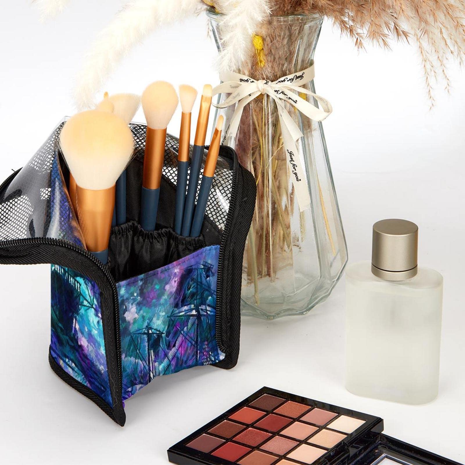 12-Piece Makeup Brush Organizer Bag with Watercolor Ocean Sailboat Design - Portable Travel Cosmetic Brush Holder Case for Home, Travel & Professional Use