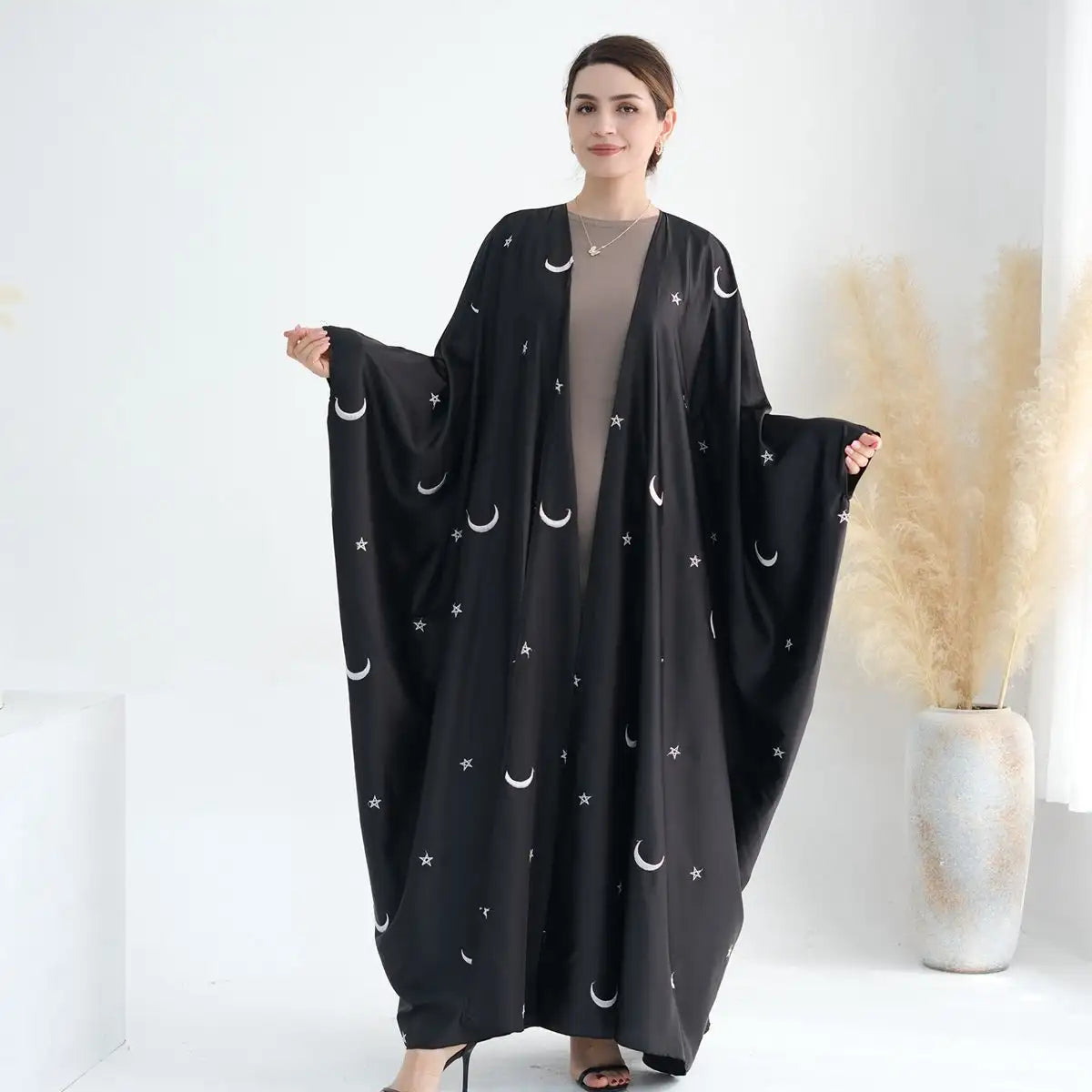 Elegant Muslim Women's Satin Moon Embroidery Cardigan Open Farasha Abaya Dress - Perfect for Eid, Wedding & Special Occasions