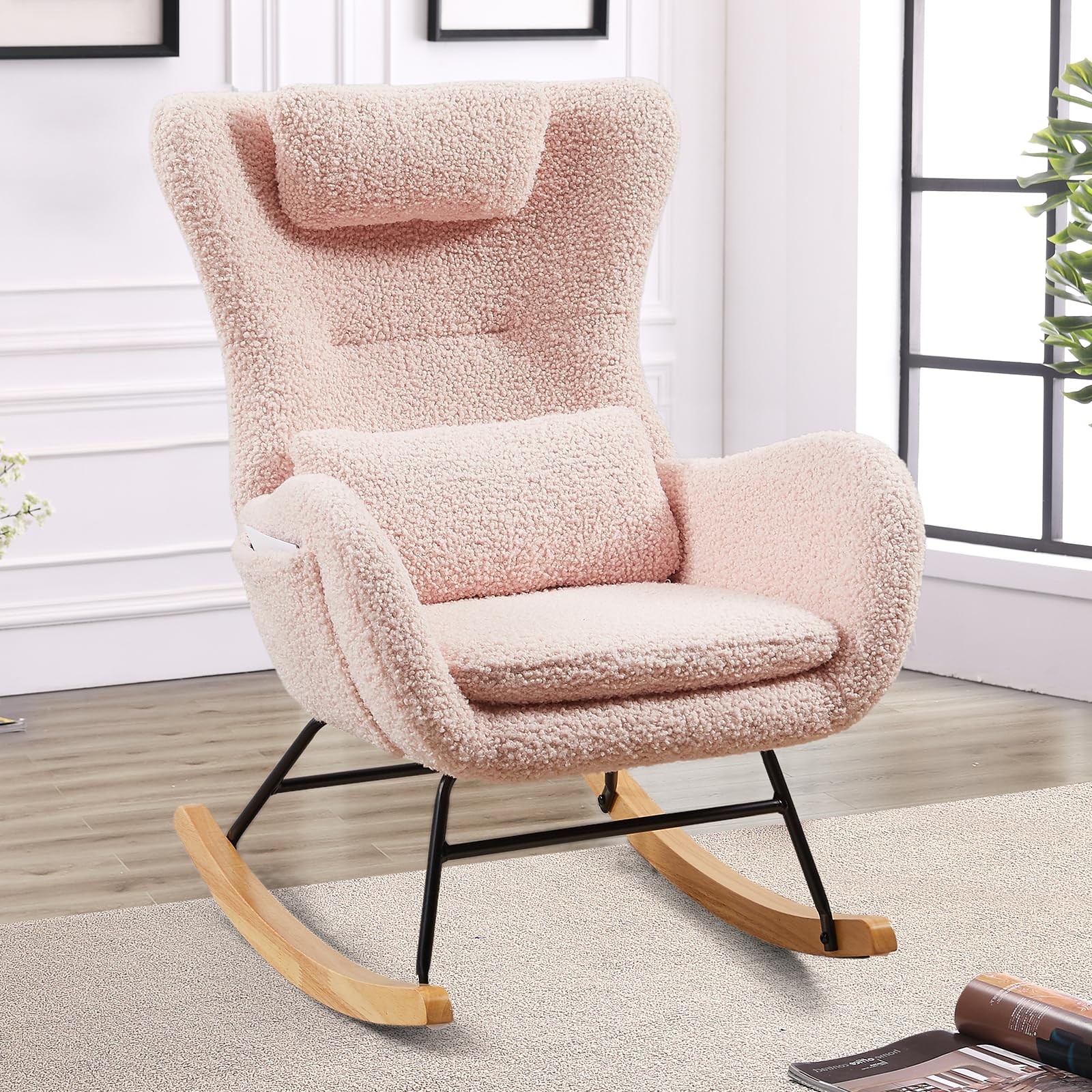 NIOIIKIT Nursery Rocking Chair - Soft Teddy Upholstered Glider Rocker with Adjustable Headrest & Lumbar Support Pillow, High Back Accent Chair with Side Pocket - Comfortable Armchair for Living Room, Nursery, Bedroom (Pink) | Perfect for Breastfeeding, Reading & Relaxing