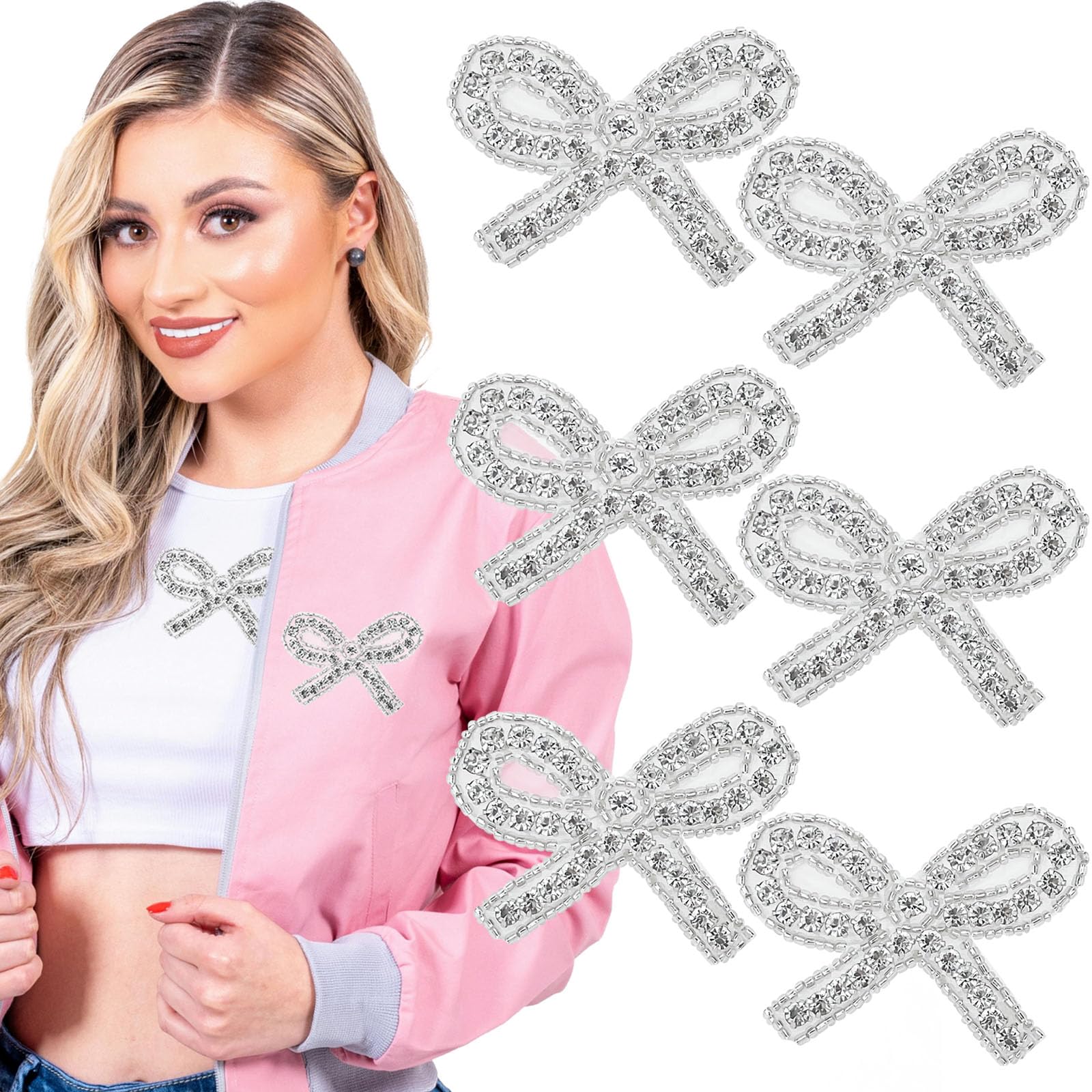 6Pcs Rhinestone Bow Iron-On Patches - Sparkling Crystal Bowknot Beaded Appliques for DIY Clothing, Backpack, Hat & Bag Repair - Elegant Decor for Fashion Accessories, Costumes & Craft Projects
