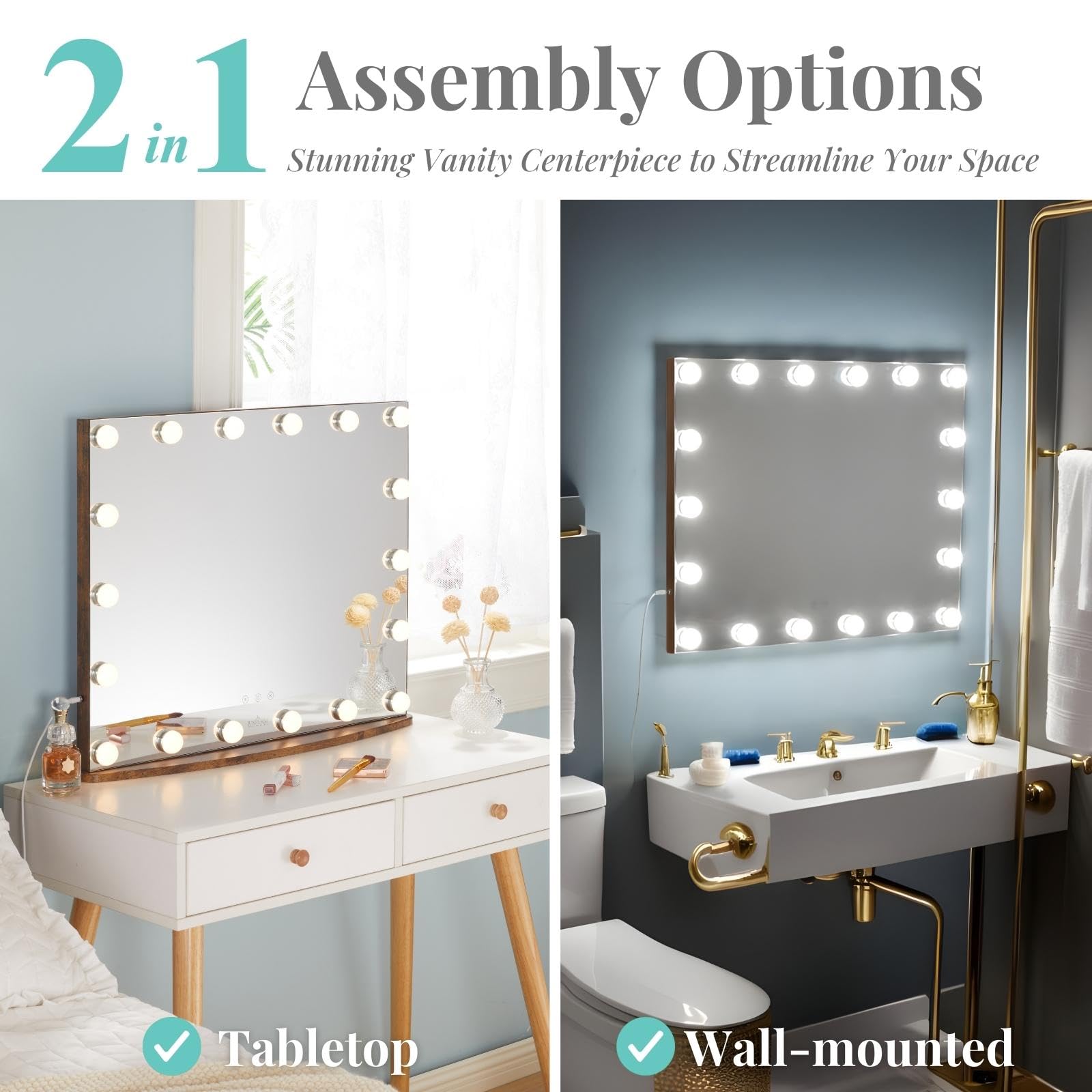 LUXFURNI Hollywood Vanity Mirror with 18 LED Lights - Large Lighted Makeup Mirror for Tabletop or Wall Mount, Rustic Brown (26