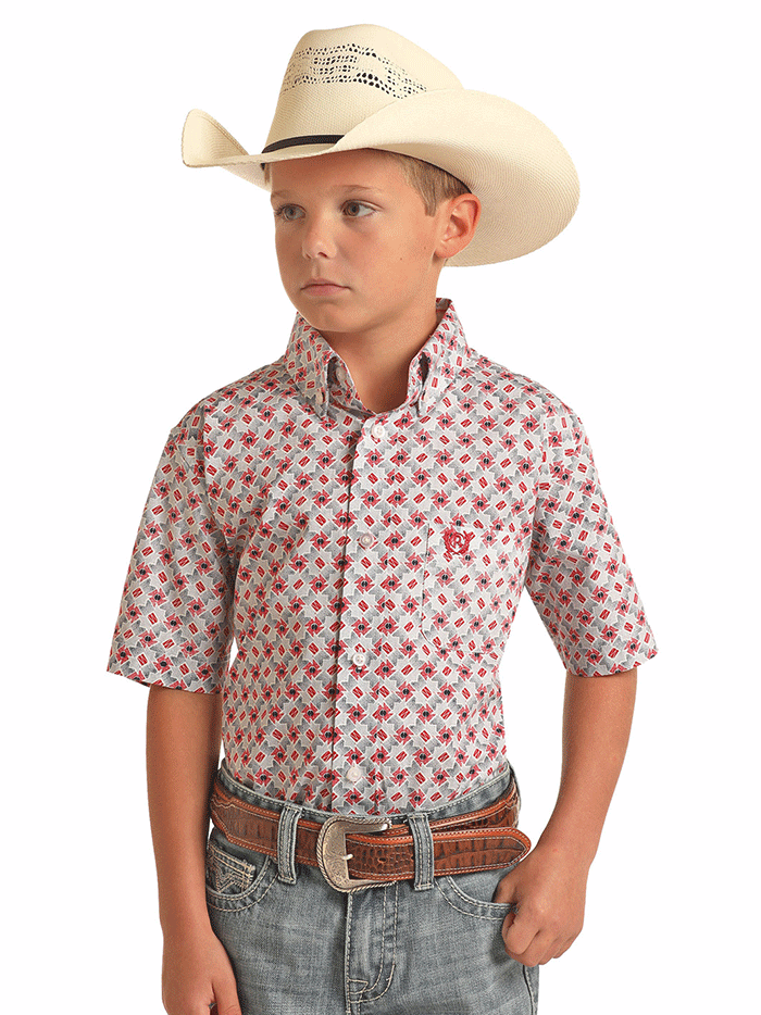 Panhandle C1D3174 Kids Poplin Print Button Down Shirt - Scarlet Red Casual Dress Shirt for Boys & Girls - Perfect for School, Parties & Family Photos