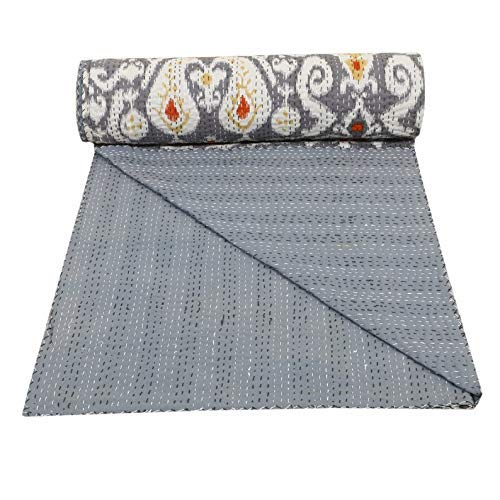 Handmade Indian Ikat Kantha Quilt - 100% Cotton King Size Bedspread & Boho Throw Blanket - Traditional Ralli Kantha Work Bed Cover for Bohemian Decor, Bedroom, Living Room, Sofa & Outdoor Use