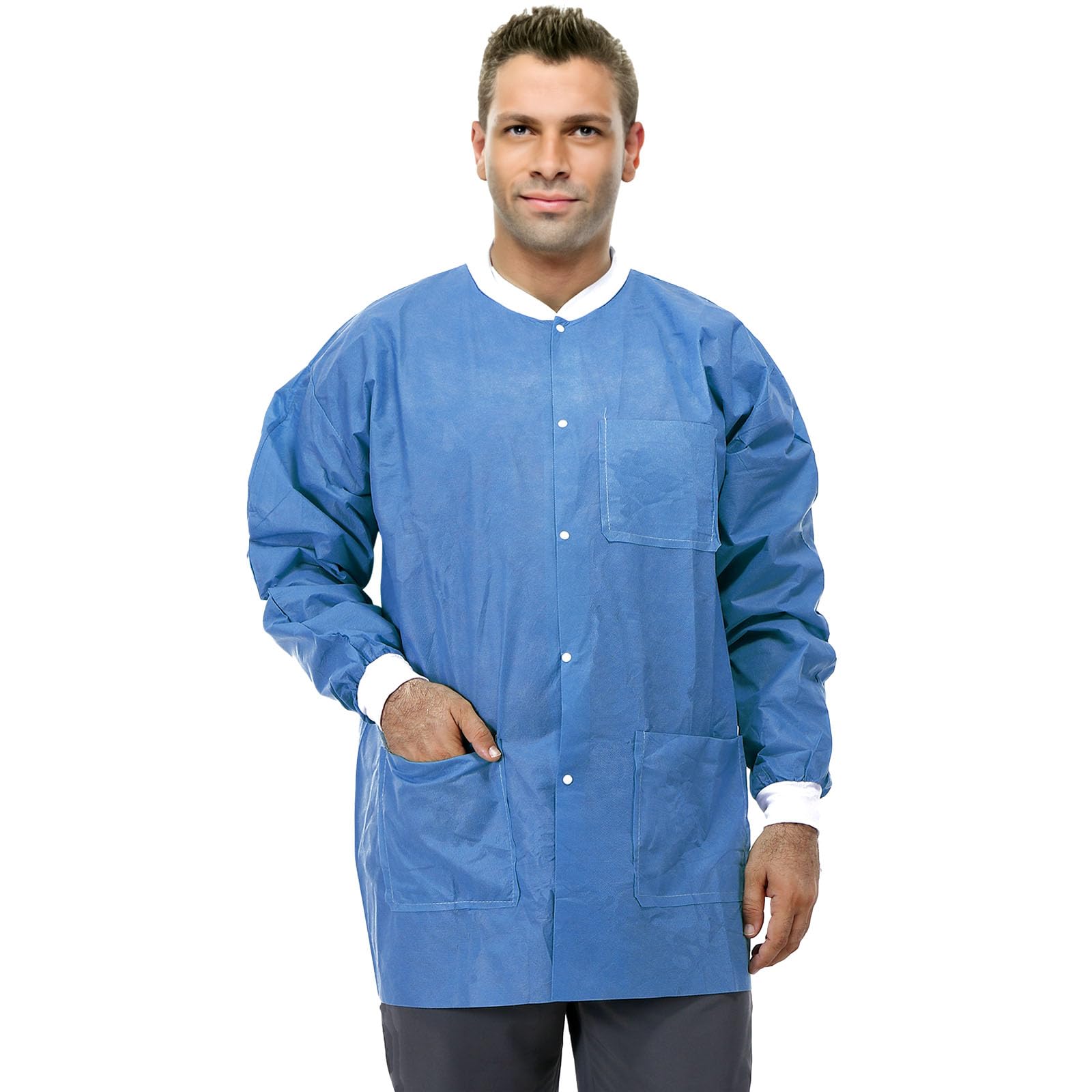Dental Grade Disposable Lab Jackets - Durable SMS Multi-Layer 45G Hip-Length with Pockets & Knit Cuffs for Adults | Ideal for Dental Clinics, Medical Labs & Healthcare Professionals