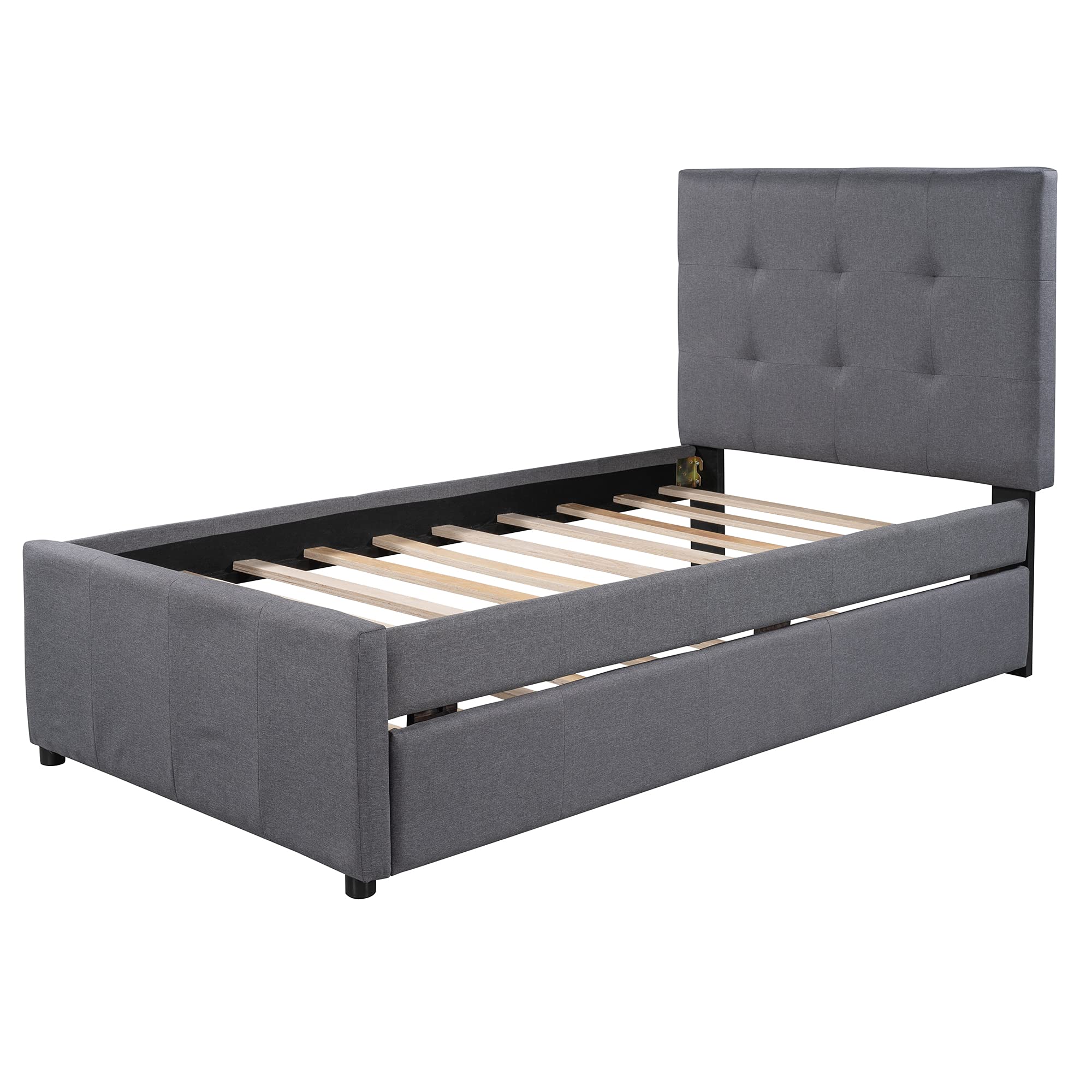 RUNNA Twin Size Upholstered Platform Bed Frame with Trundle - Linen Fabric Daybed with Headboard for Kids & Teens - No Box Spring Needed - Perfect for Small Bedrooms, Guest Rooms & Sleepovers