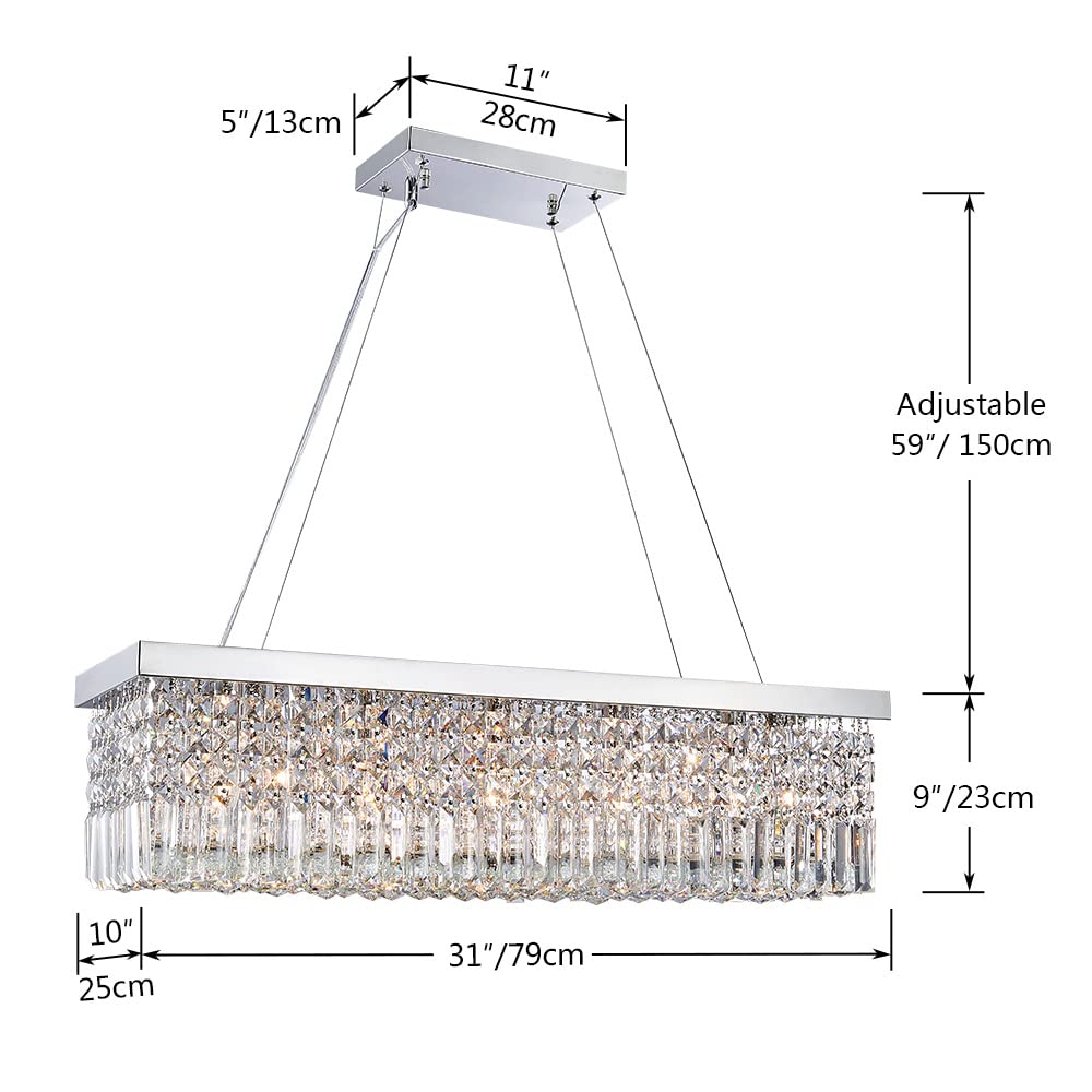 Saint Mossi 5-Lights K9 Crystal Chandelier - Modern Rectangular Pendant Light Fixture for Dining Room & Kitchen Island - Adjustable Chain Raindrop Flush Mount Ceiling Light (H9 x W10 x L31) - Perfect for Elegant Home Decor, Wedding Venues & Restaurant Lighting