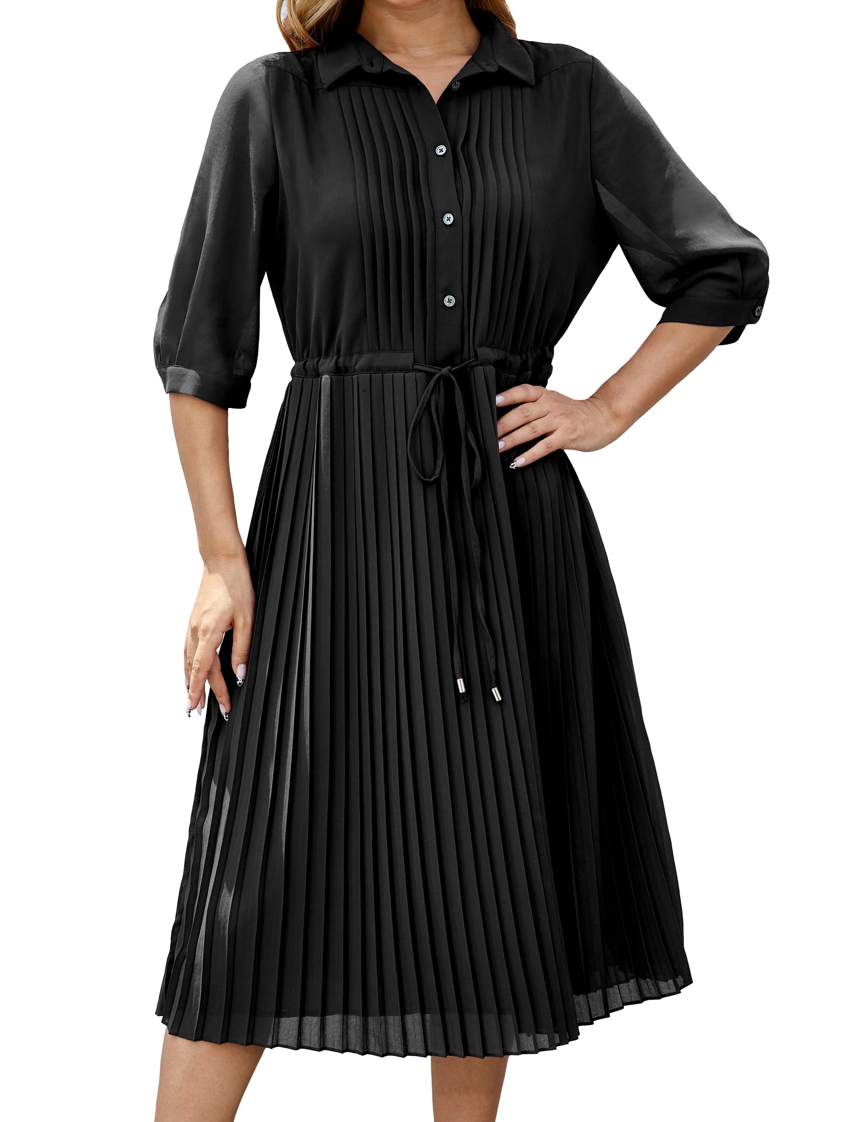 Elegant Women's V-Neck 3/4 Sleeve Pleated A-Line Swing Dress with Belt - Flowy Midi Dress for Spring, Summer & Fall - Perfect for Office, Date Night & Special Occasions