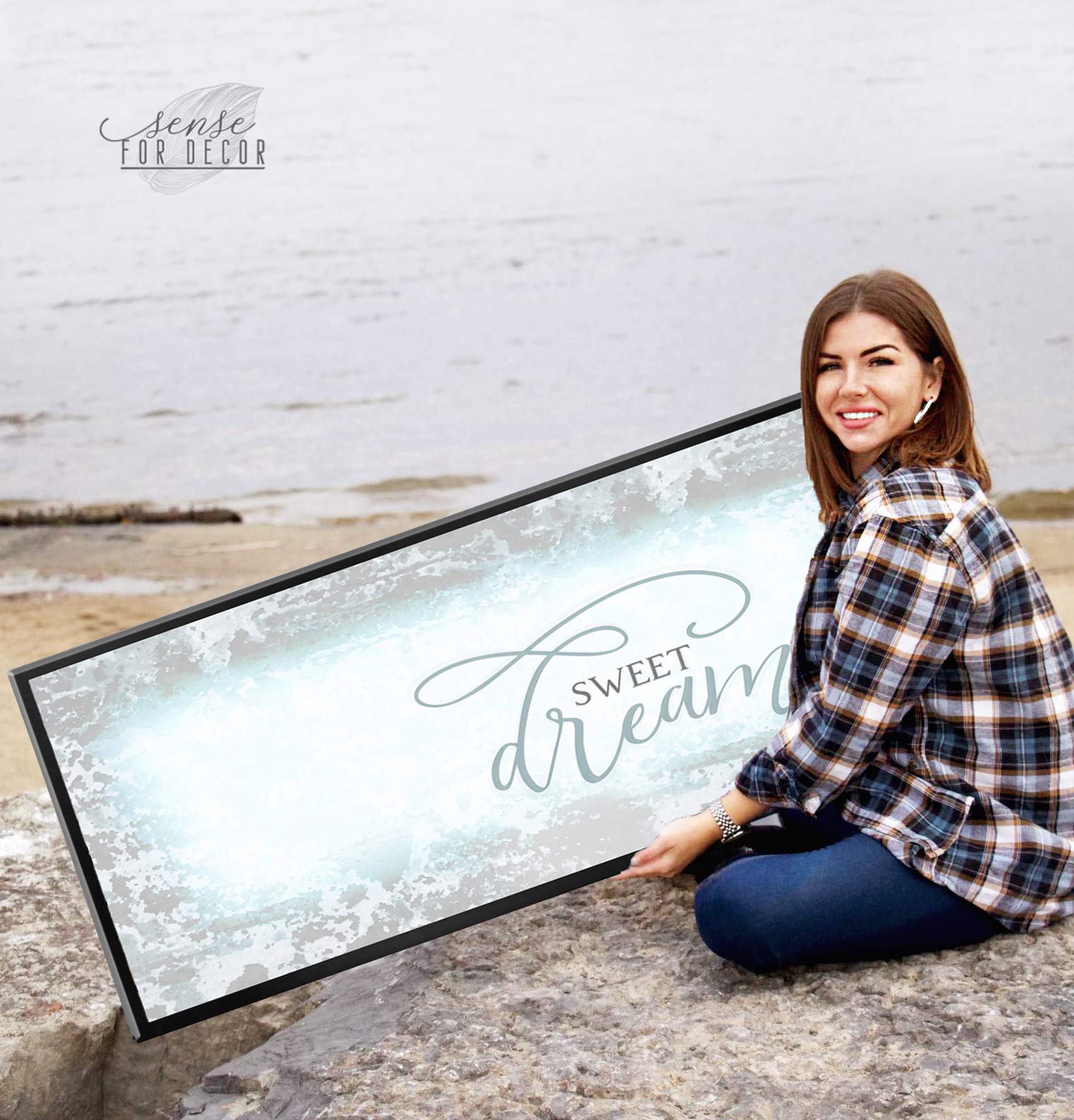 Sweet Dreams Wall Decor - Large Framed Canvas Wall Art for Master Bedroom, Above Bed Decor, Teal & Black Floating Frame 42x19 - Perfect for Cozy Bedroom Ambiance & Relaxing Sleep Space