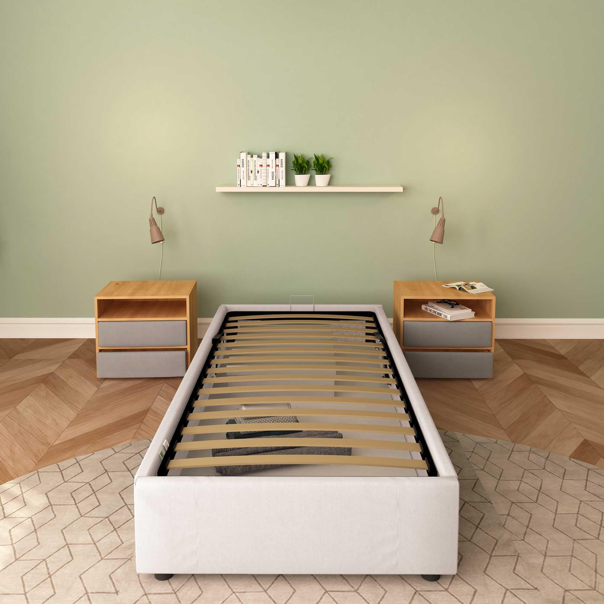 Baldiflex Cloe Square and Half Bed with Storage Container, Fabric Upholstery, No Headboard, Slatted Base for Mattresses, 100 x 200 cm, Light Gray - Perfect for Small Bedrooms, Guest Rooms, and Studio Apartments
