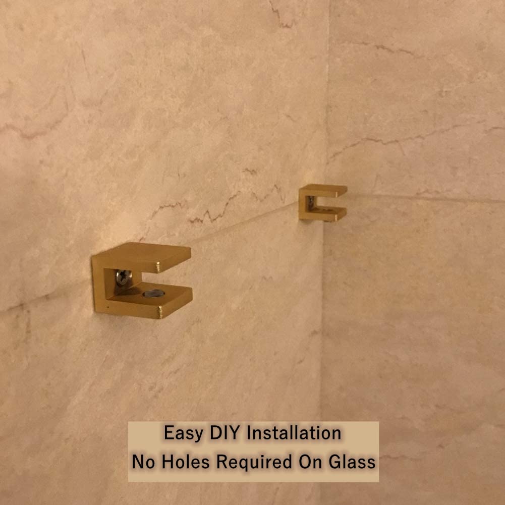No-Drill Glass Shelf Clamp - U-Shaped Shower Door Bracket Holder for 6-10mm Glass Panels (Set of 4, Gold) - Perfect for Bathroom, Kitchen & DIY Home Organization Projects