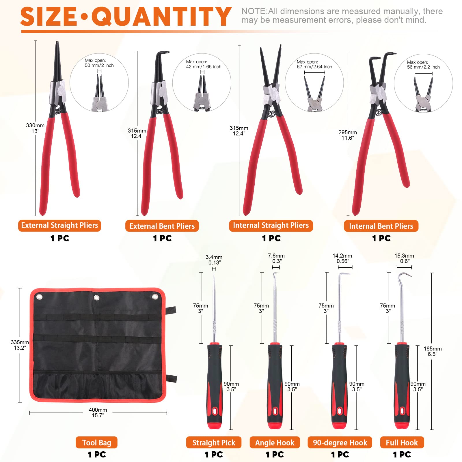 8Pcs Heavy Duty Snap Ring Pliers Set - 13 Inch Internal & External Circlip Pliers with Straight/Bent Jaws for Automotive, Machinery & DIY Repairs - Professional Retaining Ring Removal Tool Kit for Mechanics and Home Use