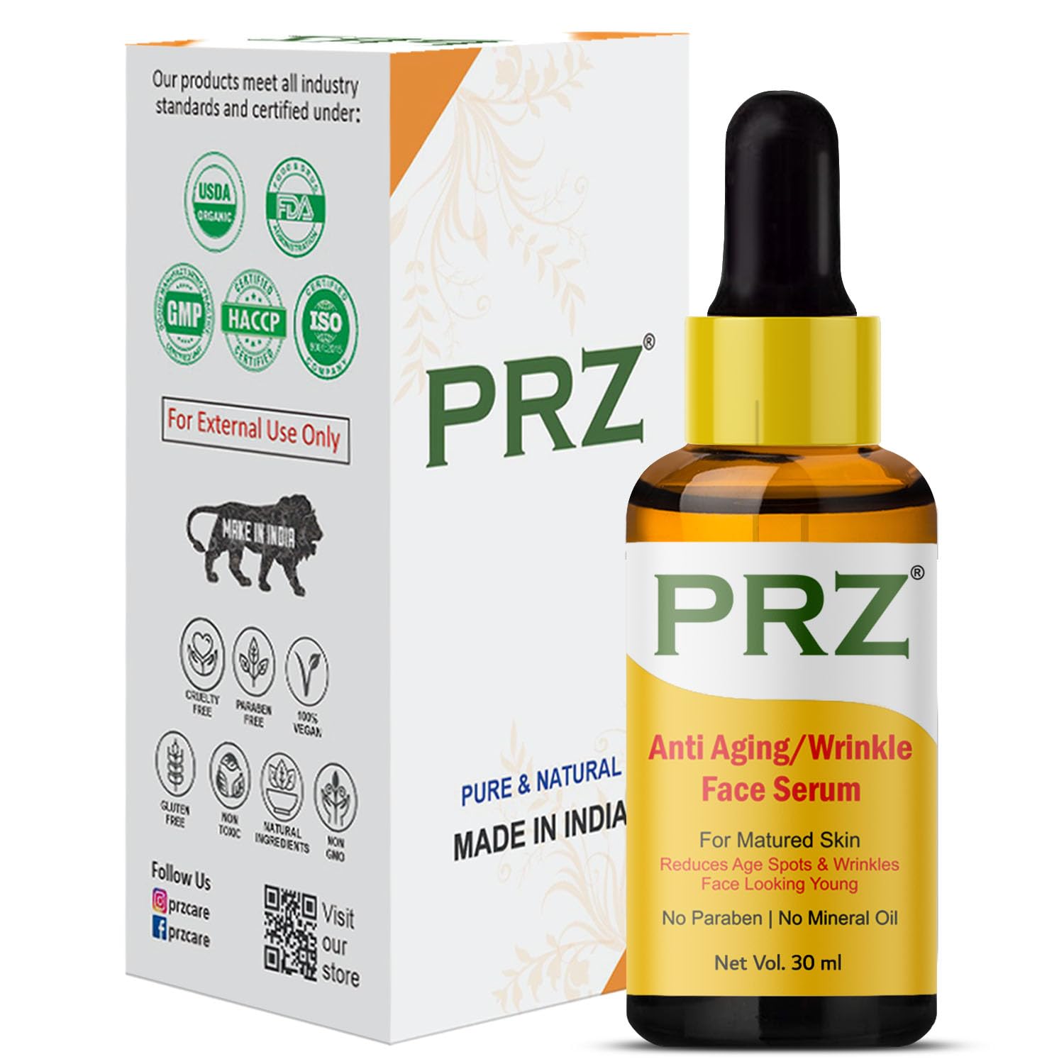 PRZ Anti Aging Wrinkle Face Serum (30ML) - Reduces Fine Lines, Age Spots & Wrinkles for Mature Skin | Paraben & Mineral Oil Free | Brightening & Hydrating Facial Treatment for Day & Night Use