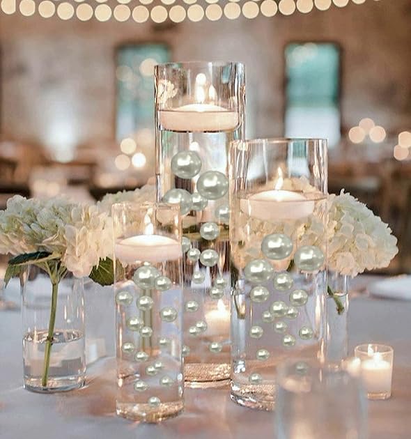 300 Floating White Pearls - Jumbo Size Pearls for Vases (Fills 4 Gallons) with Transparent Gel & Prep Bags + Warm White Submersible Fairy Lights - Perfect for Wedding Centerpieces, Home Decor, and Spa Relaxation