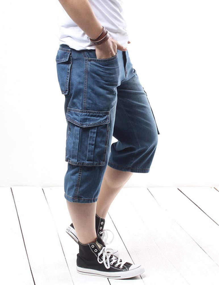Men's Casual Cargo Patchwork Blue Denim Jeans Shorts with Zipper Pockets - Perfect for Summer Outfits, Streetwear & Outdoor Adventures