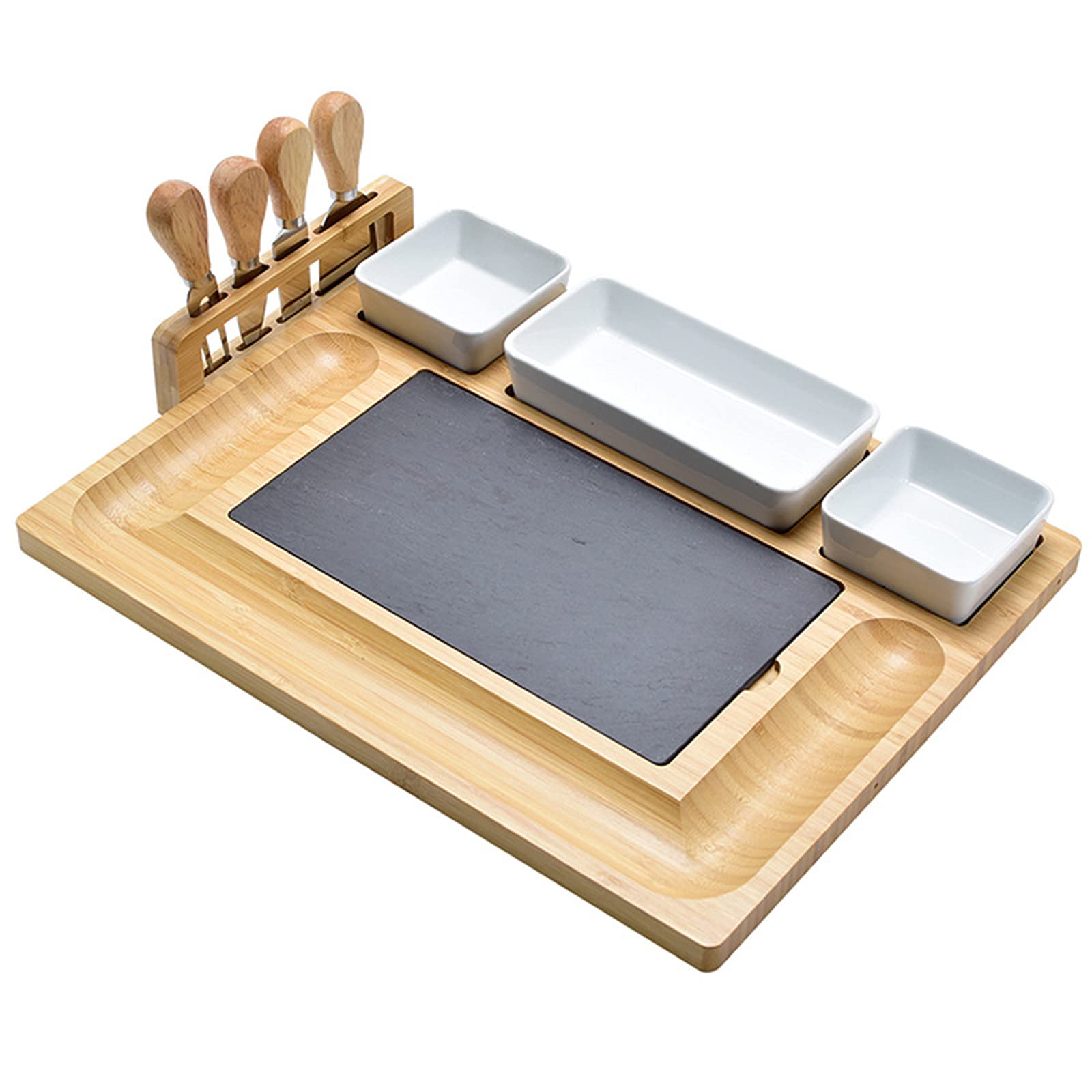 HOVERLY Wooden Cheese Board Set with 3 Ceramic Bowls & Cutlery - Charcuterie Platter for Entertaining - Perfect for Christmas, Wedding, Birthday Gifts - Elegant Serving Tray for Parties, Picnics & Home Decor