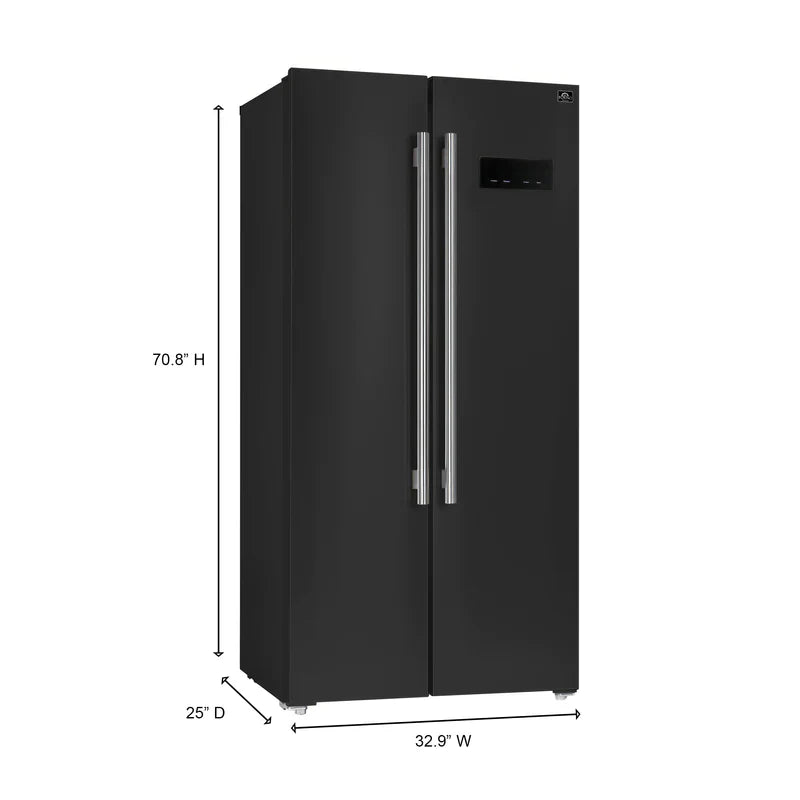 Forno Salerno 33 Inch Side by Side Refrigerator - 15.6 Cu.Ft. Capacity, Brass Handle, Energy Efficient, Black Stainless Steel (FFRBI1805 33BLK) - Perfect for Kitchen, Office, or Entertainment Spaces