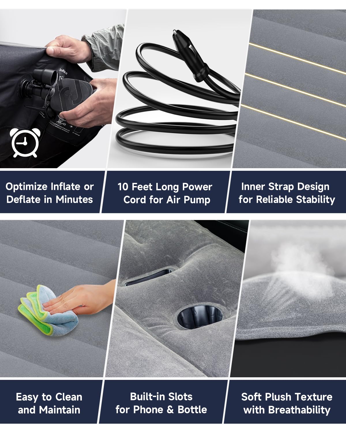 Tesla Model Y Air Mattress - Inflatable Camping Mattress for SUV Travel, Portable Flocking Sleeping Pad with Built-in Air Pump, Repair Kit & Storage Bag (Grey) - Perfect for Road Trips, Camping & Outdoor Adventures