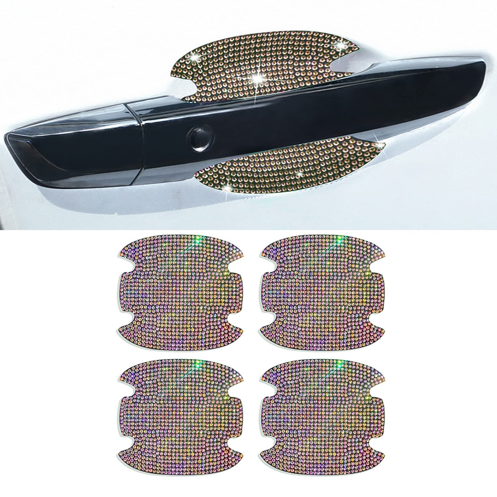 Deemars 4Pcs Crystal Diamond Car Door Bowl Rhinestone Stickers - Bling Car Door Scratch Protector for Most Vehicles (AB Color) | Luxury Car Accessories for Women, Party & Wedding Decor