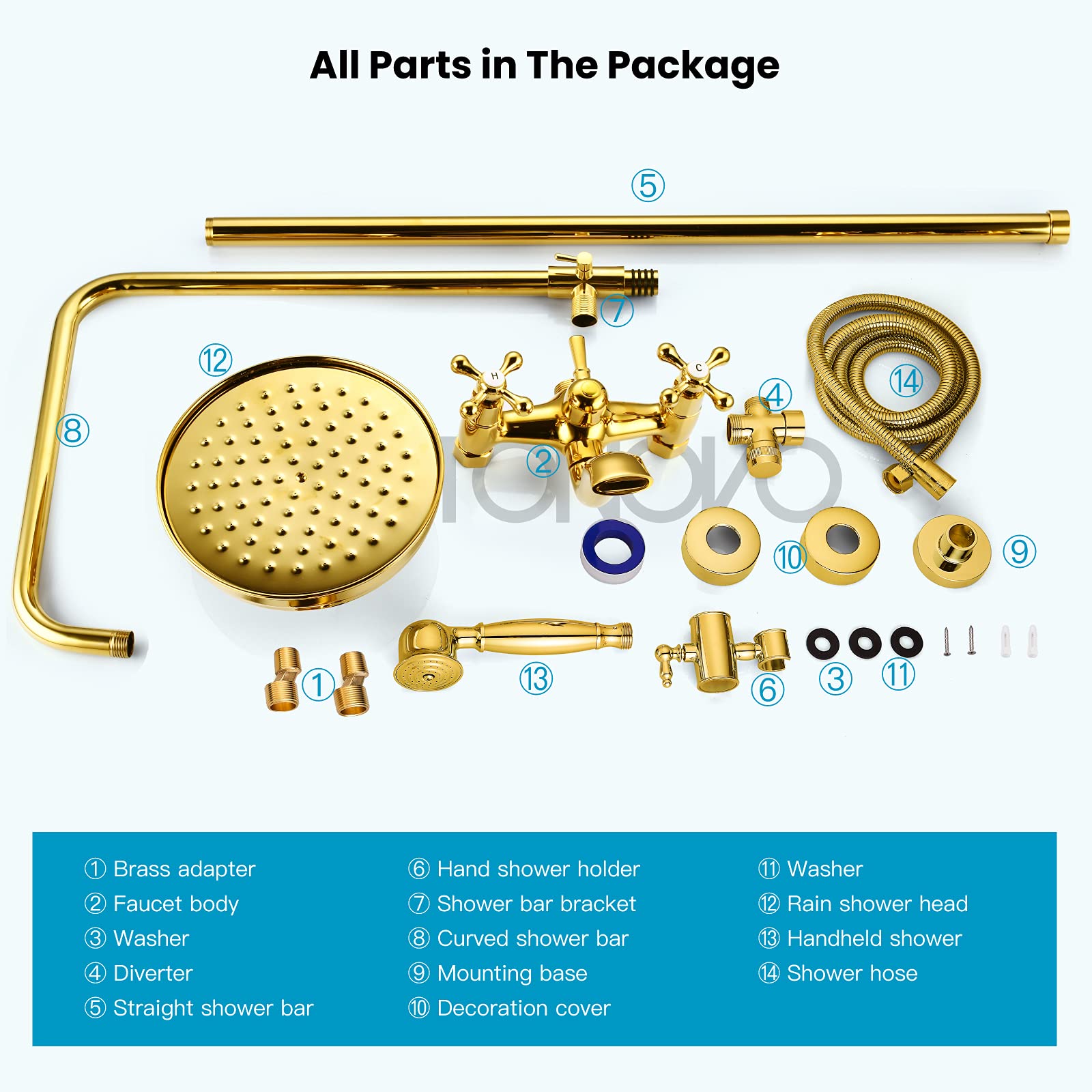 Gotonovo 8 Inch Round Rain Shower Head with Double Cross Handle & Tub Spout - Polished Gold Wall Mount Bathroom Faucet Mixer - 3 Function Metal Handheld Sprayer - Perfect for Modern Bathroom & Spa-Like Shower Experience