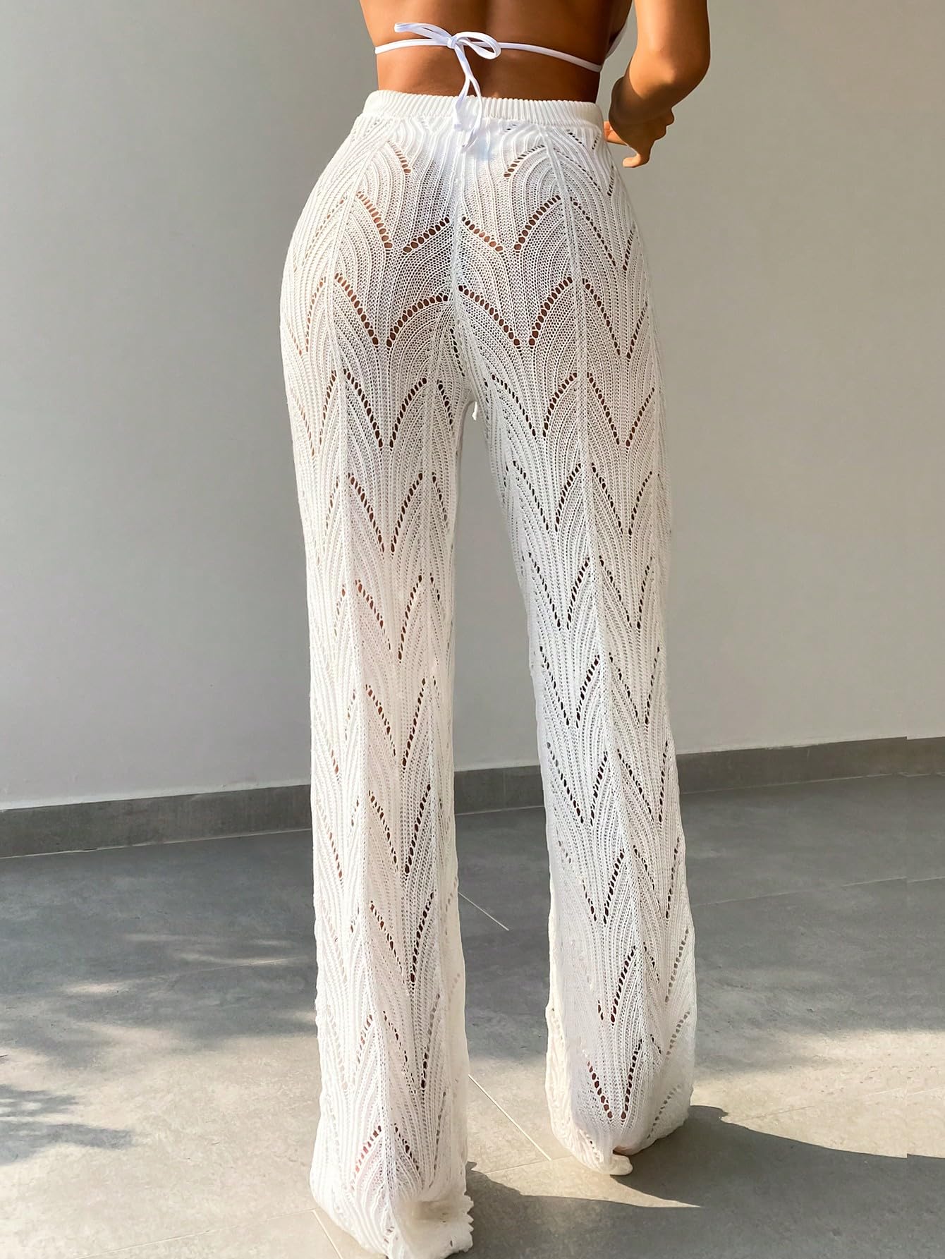 WDIRARA Women's Swimwear Cover Up Pants - Sheer Mesh Knit with Drawstring Waist Tie Front - Beachwear, Poolside Lounge, Vacation Outfit