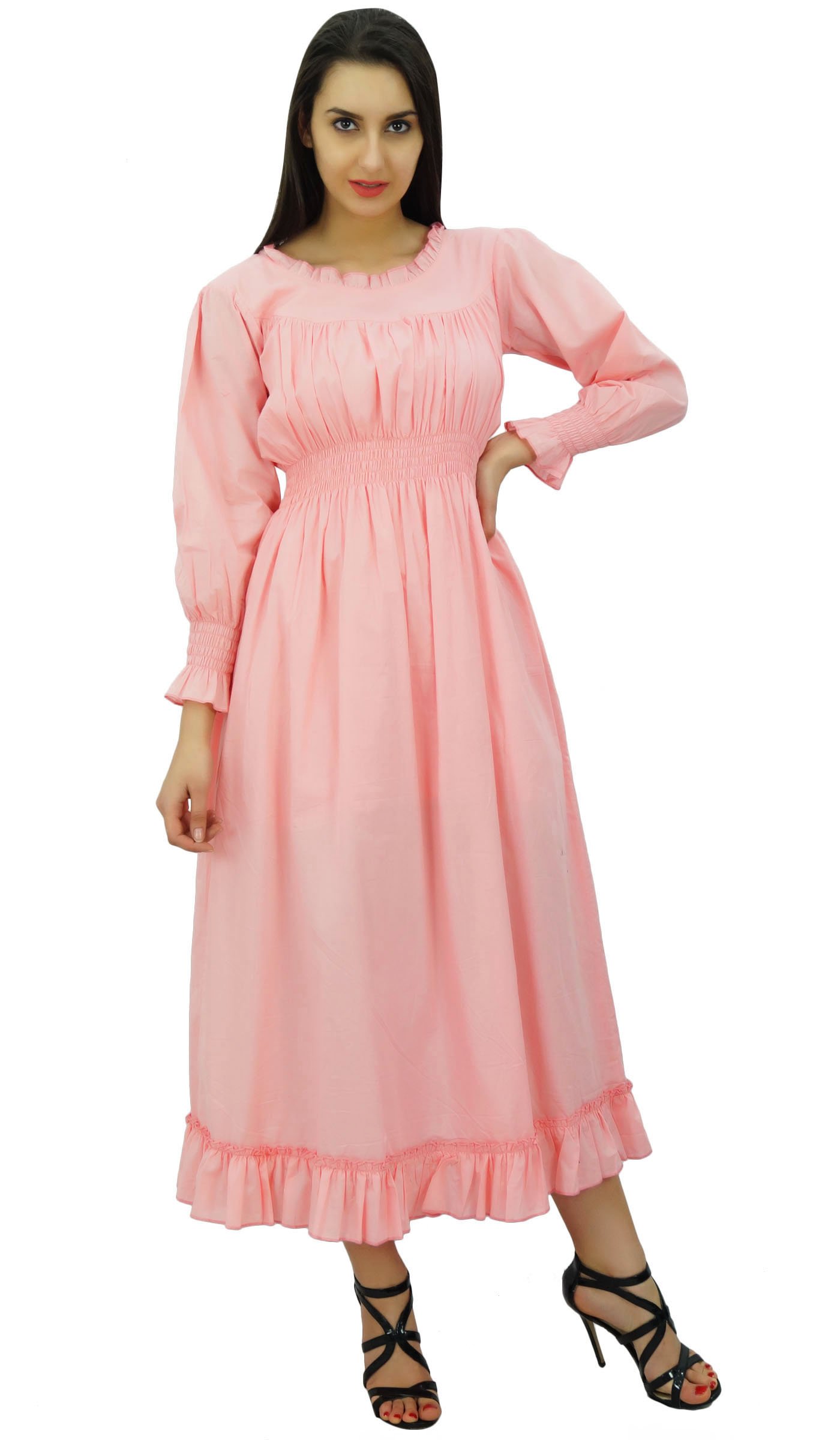 Bimba Women's Cotton Smocked Waist Long Casual Maxi Dress - Flowy Summer Beach Dress for Vacation, Brunch & Outdoor Events