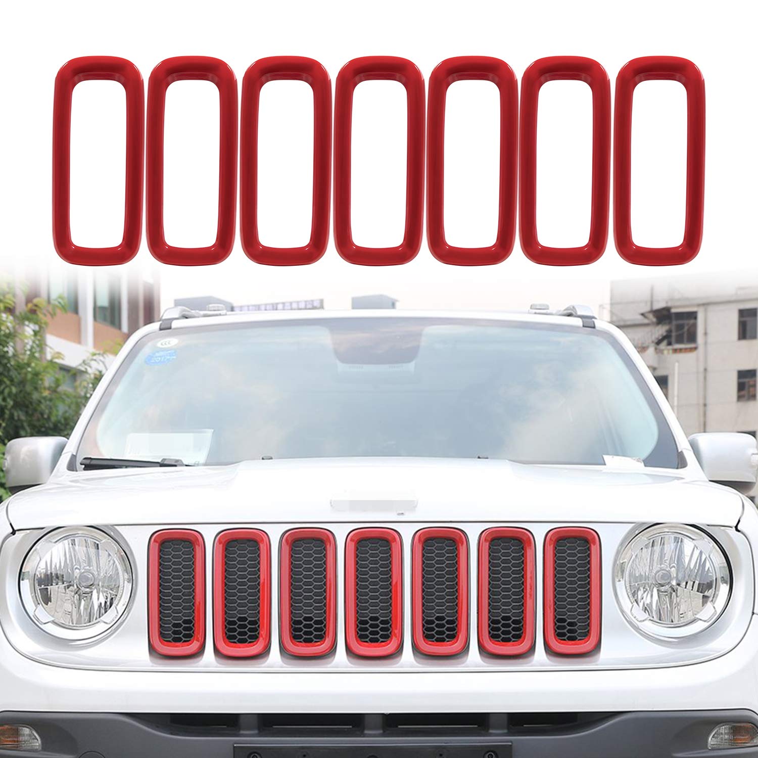 ABS Front Grill Mesh Inserts - 7PC Red Grill Guard Cover Trim for Jeep Renegade (2015-2018) | Off-Road Protection & Custom Styling Upgrade