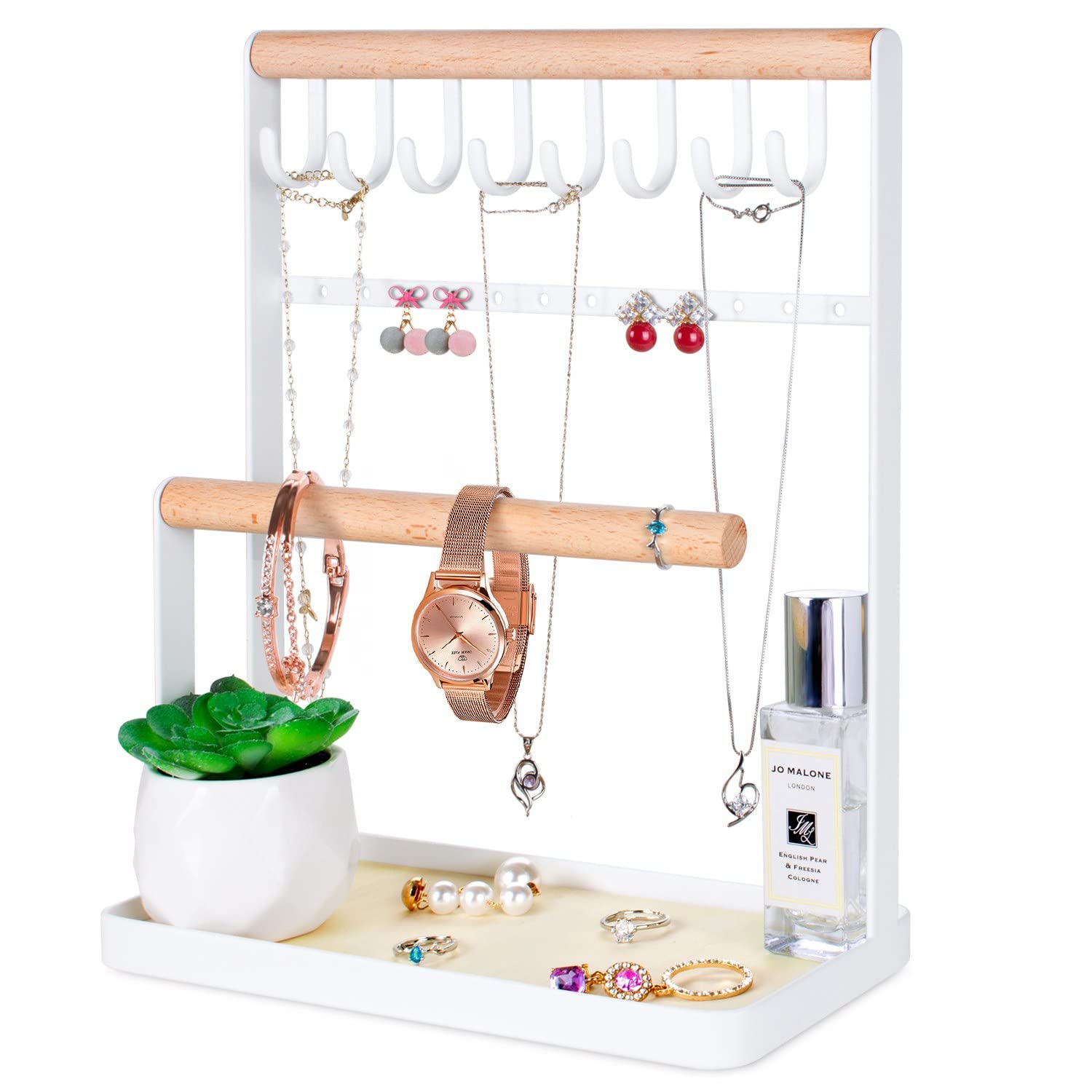 4-Tier Wooden Jewelry Organizer Stand with 8 Hooks & 12 Earring Holes - Necklace Holder, Bracelet Display, Ring & Watch Tray - Perfect for Bedroom, Bathroom & Travel Storage