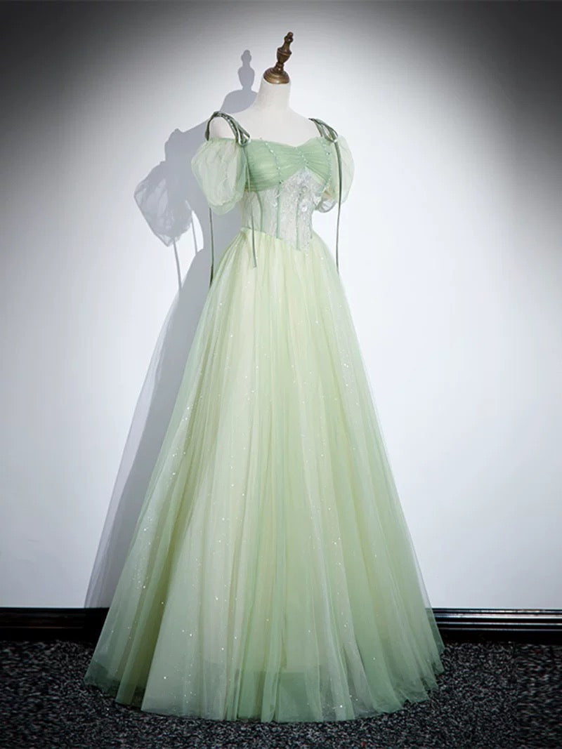 Elegant A-Line Tulle Lace Green Long Prom Dress & Evening Gown - Perfect for Homecoming, Formal Dances, and Special Occasions