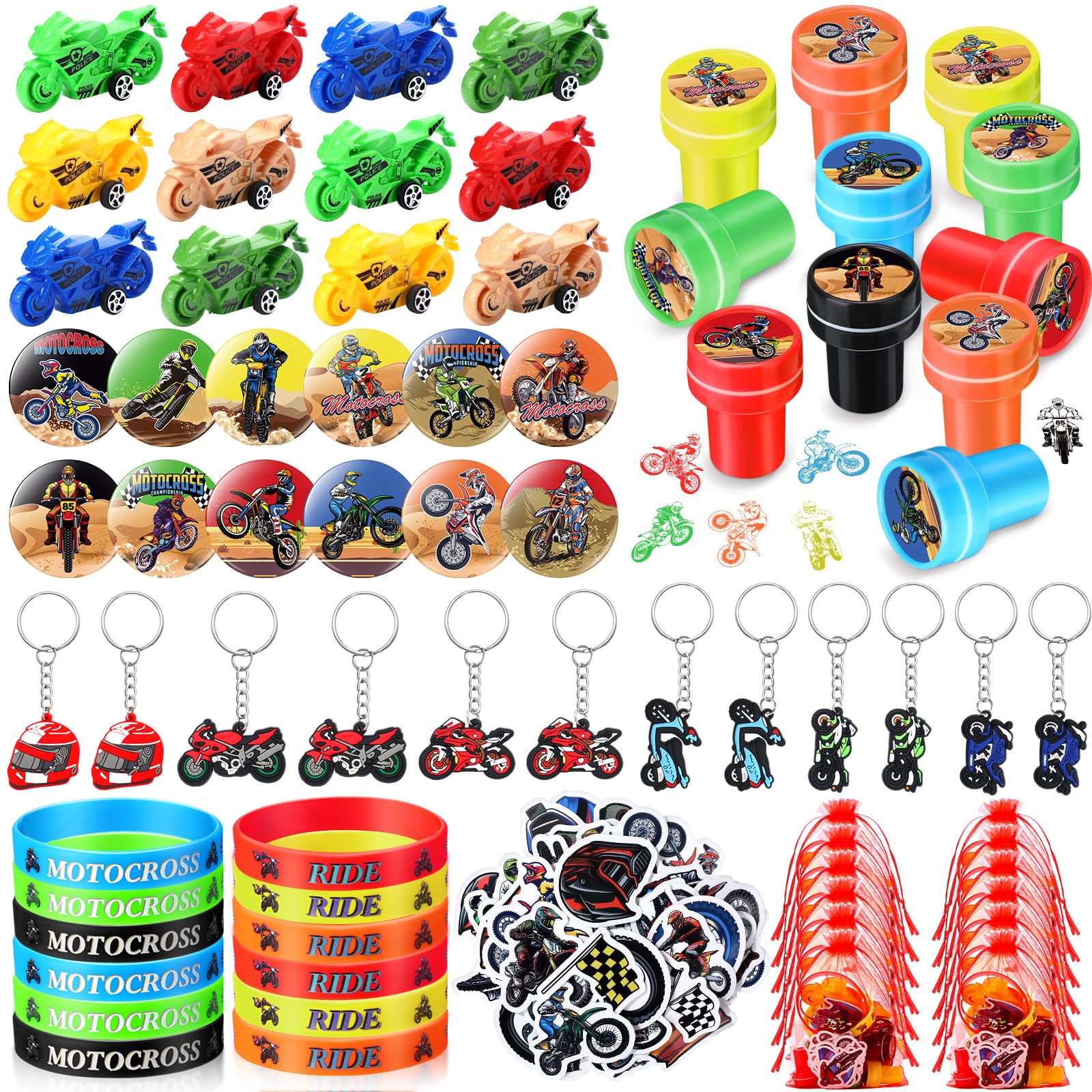Capoda 122 Pcs Dirt Bike Party Favor Supplies Kit - Motocross Themed Decorations, Rubber Bracelets, Ride Button Badges, Stickers, Stamps, Gift Bags & Keychains for Teens & Motocross Fans - Perfect for Birthday Parties, Motocross Events & Themed Celebrations