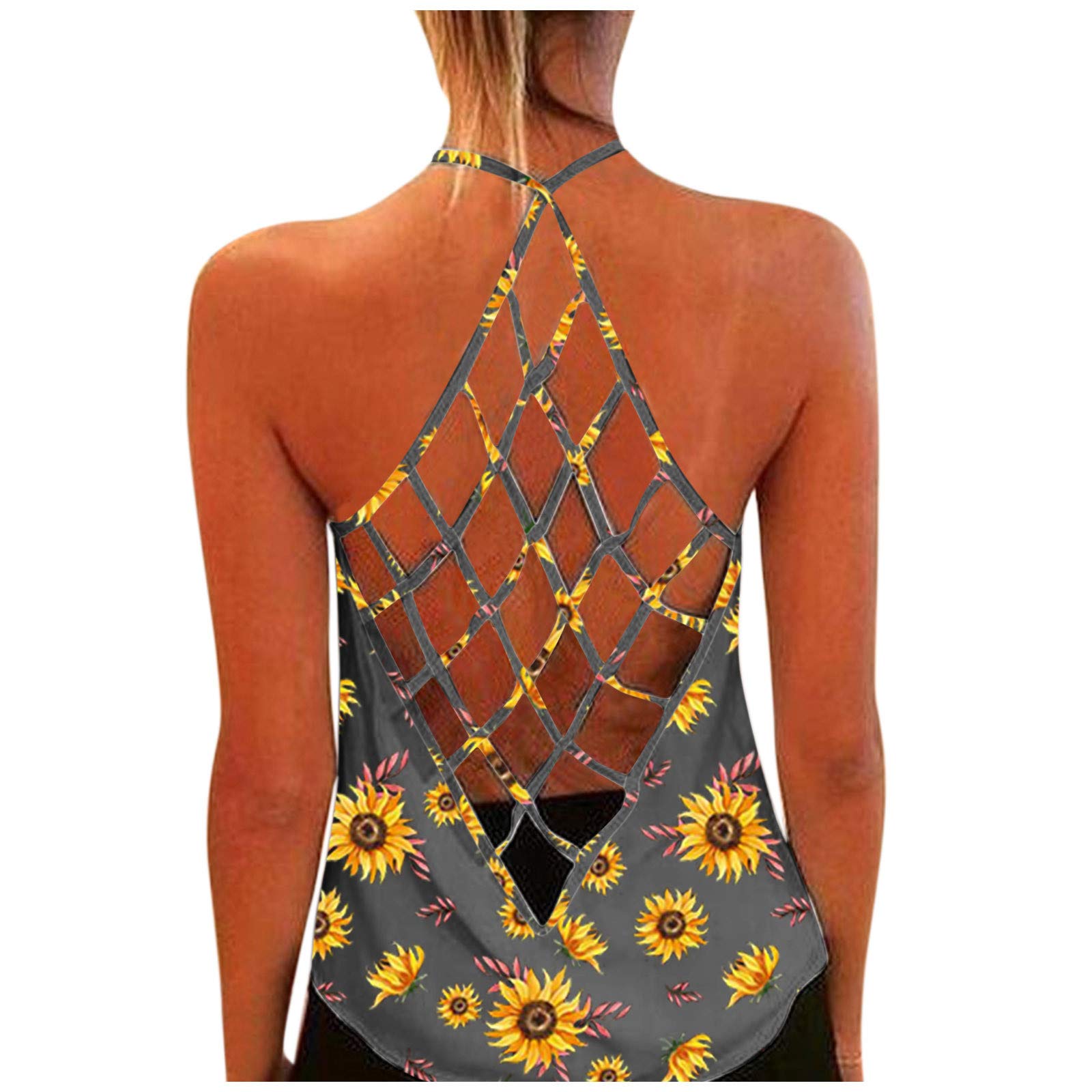 Women's Sexy Sunflower Butterfly Print Tank Top - Sleeveless Backless Loose Vest for Summer, Beach, and Casual Wear