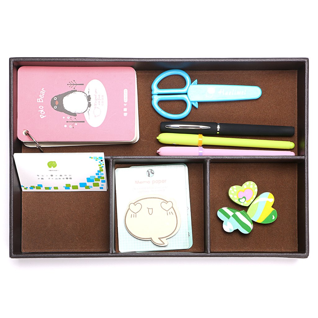 BTSKY 4-Slot PU Leather Desk Drawer Organizer - Office Supplies Storage Tray for Pens, Paper Clips & Accessories - Multi-Purpose Desktop Organizer (Brown) - Perfect for Home Office, School & Workspace Organization