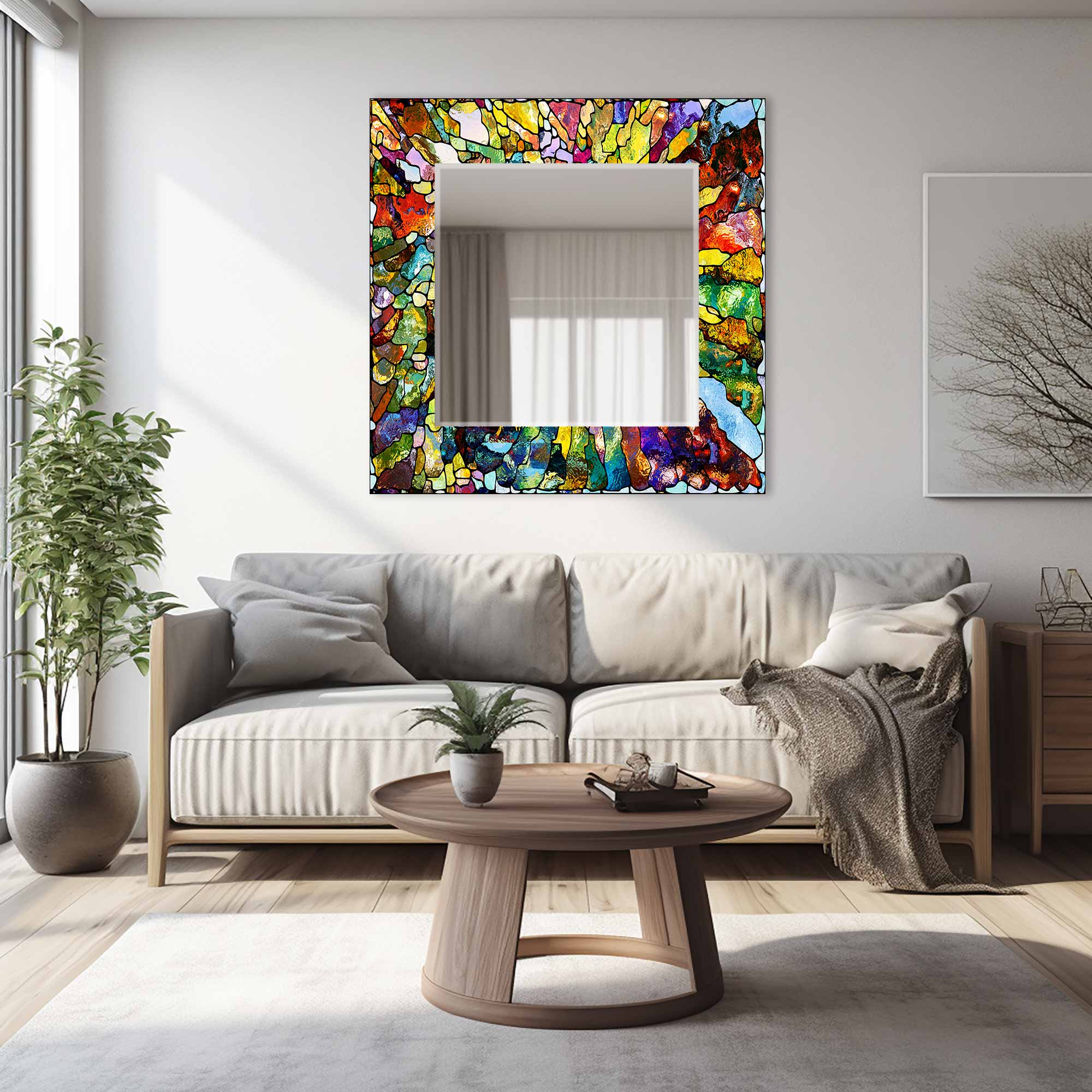 Vibrant Stained Glass Effect Tempered Mirror - Shatterproof Decorative Wall Mirror for Home Decor, Bathroom, Living Room & Bedroom