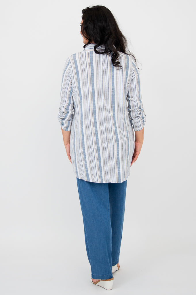 Celine Women's Blouse - Sand Stripe Linen Bamboo Shirt for Casual Wear & Summer Outfits