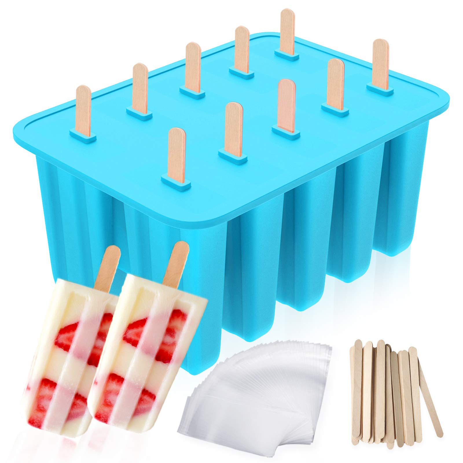 Ozera 10-Cavity Reusable Silicone Popsicle Molds with 50 Sticks & 50 Bags - Easy Release Ice Pop Maker for Homemade Frozen Treats, Perfect for Summer Snacks, Kids Parties and Healthy Desserts
