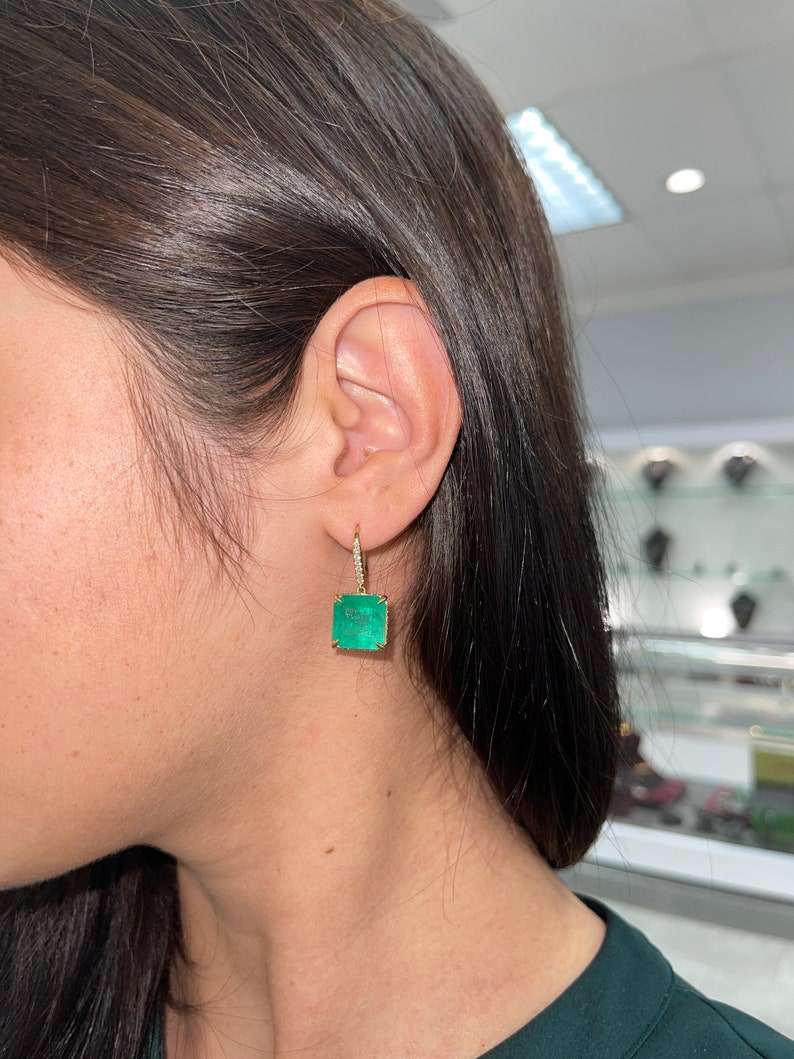 16.80tcw 18K Yellow Gold Dark Green Colombian Emerald and Diamond Lever Back Earrings for Women - Perfect for Weddings, Parties & Special Occasions