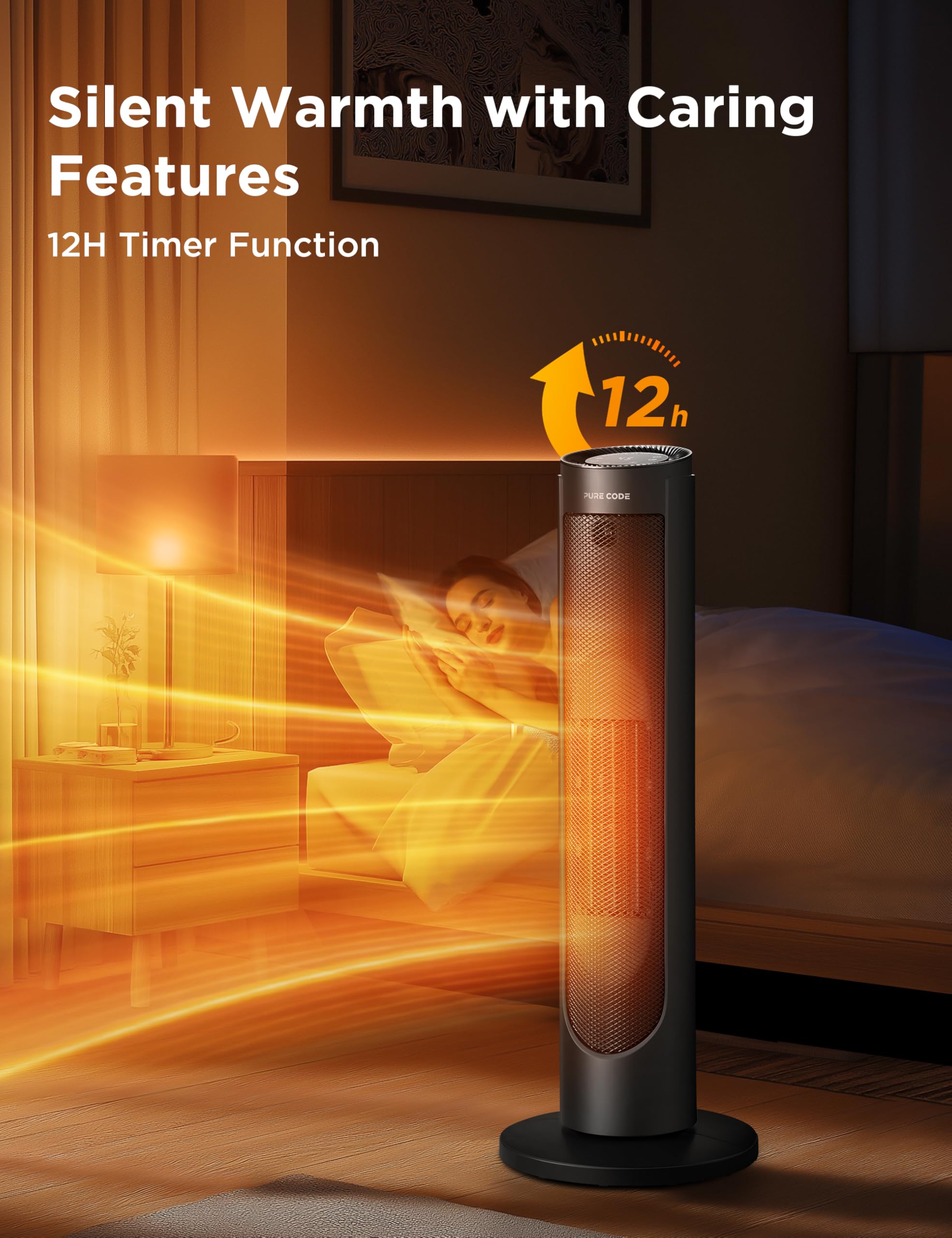 PURE CODE Space Heater - 1500W Portable Electric Heater with Voice & Remote Control, PTC Ceramic Fast Heating, 3 Modes & 12H Timer, Overheat & Tip-Over Protection for Indoor Use - Perfect for Office, Bedroom, Home & Small Spaces