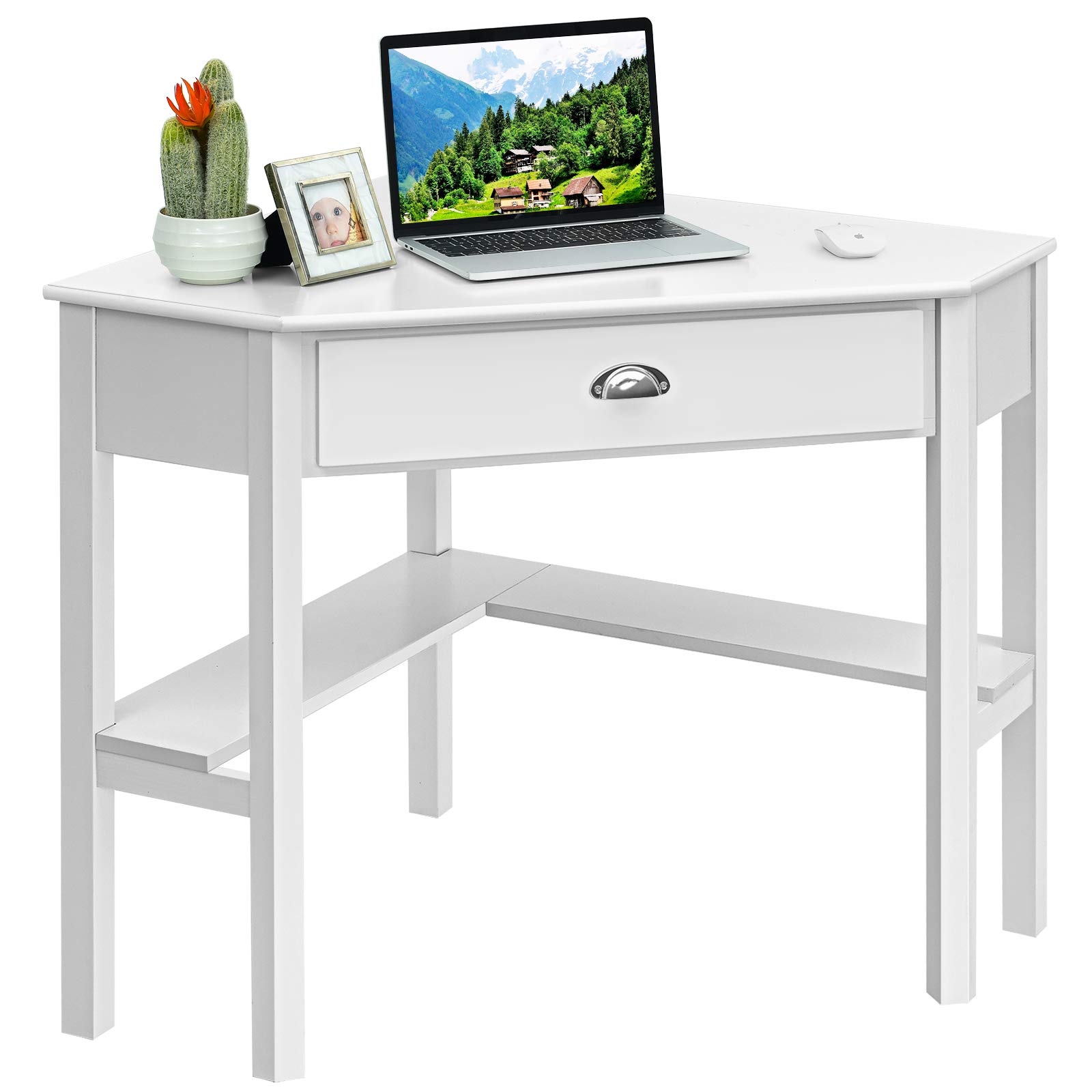 Tangkula White Corner Desk with Drawer & Storage Shelves - 90° Triangle Computer Desk for Small Spaces | Home Office, Gaming & Makeup Vanity Workstation