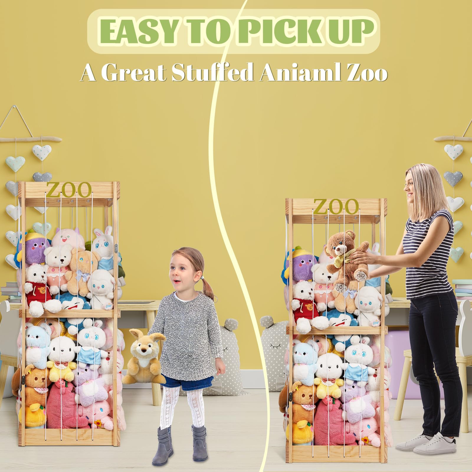 Trycooling Wooden Stuffed Animal Storage Cage with Zoo Pattern Elastic Band - Organizer for Plush Toys in Nursery, Playroom, Bedroom | Durable Zoo-Themed Toy Storage Solution for Kids' Rooms & Daycare Centers