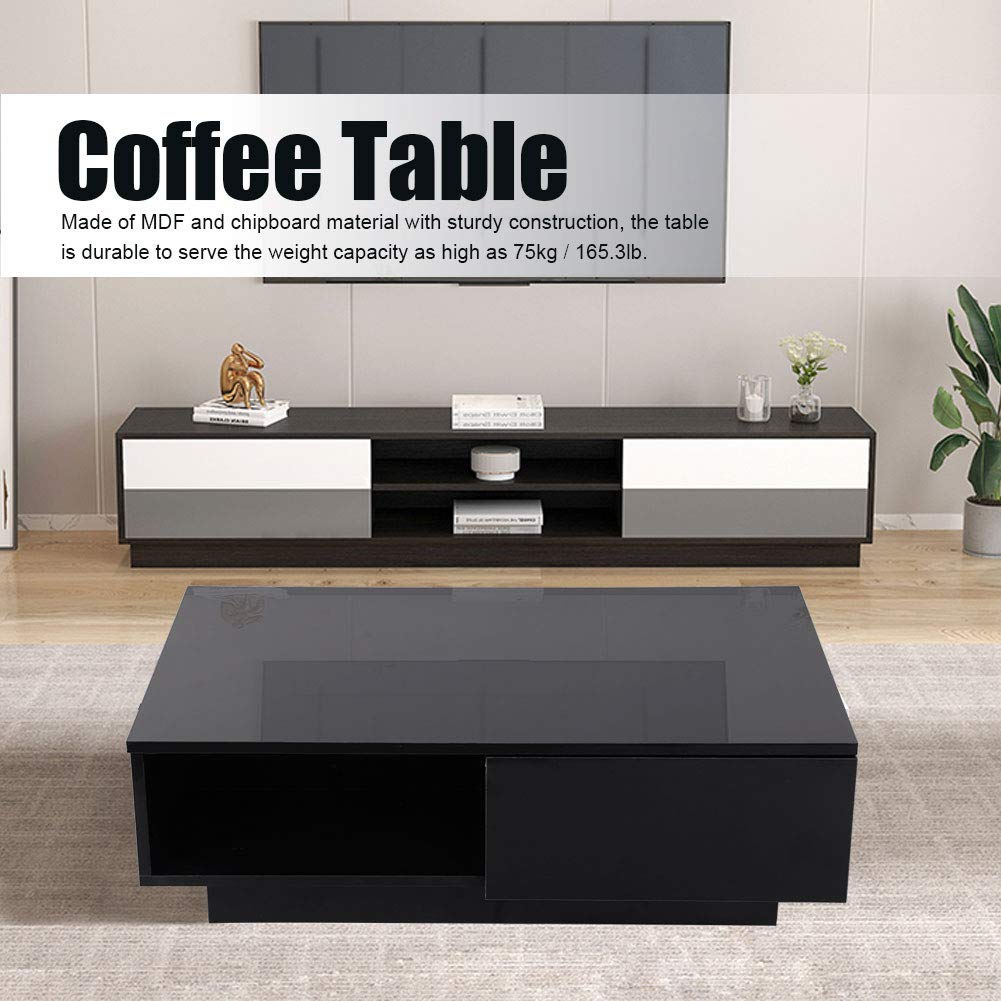 Modern LED Coffee Table with Drawer Storage - High Gloss Rectangle Cocktail Table for Living Room, Office & Home Decor - Black (110V) - Perfect for Entertaining, Relaxing & Stylish Spaces