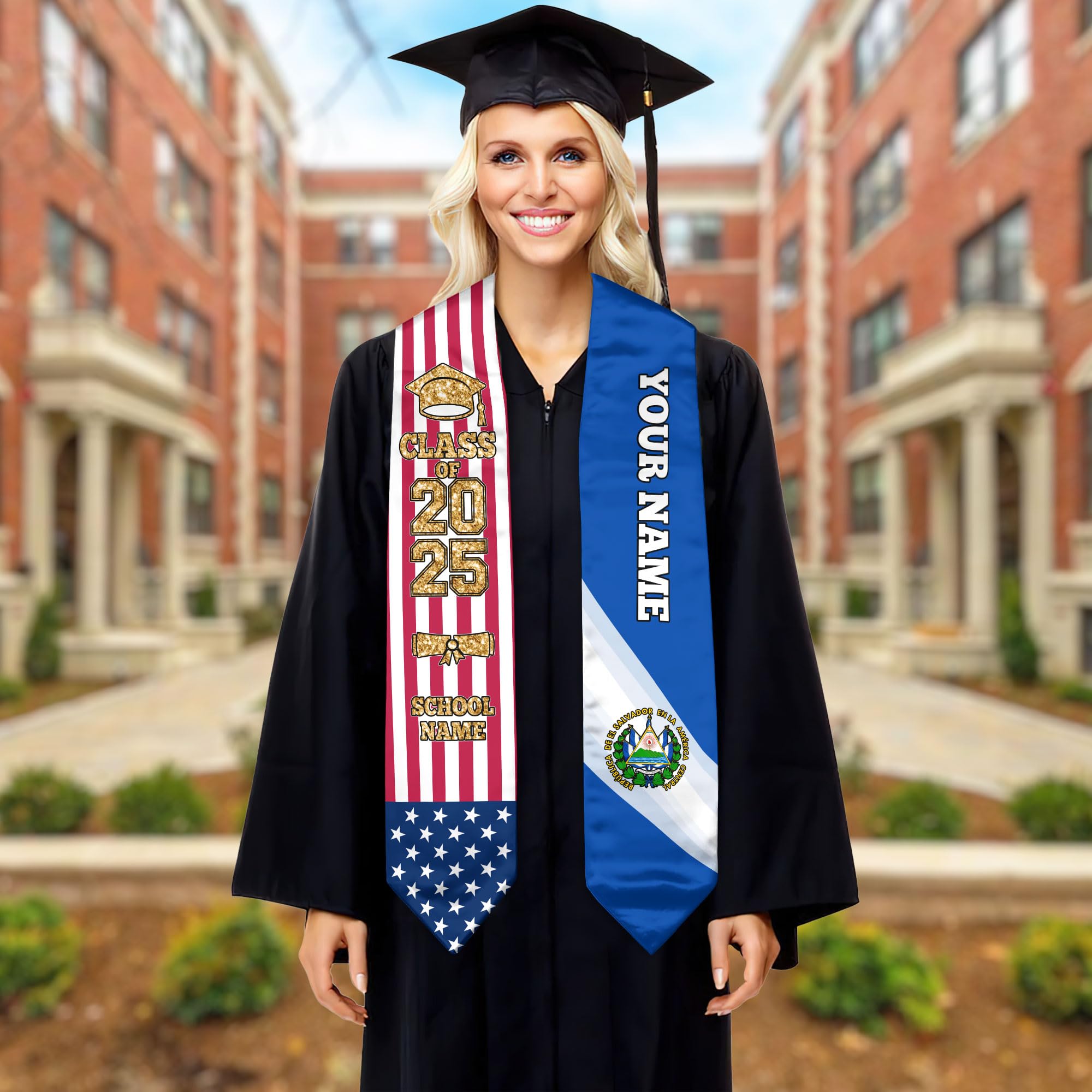 Custom Salvadoran Graduation Sash with El Salvador Flag Design - Personalized Graduation Stole for Salvadoran-American Students - Perfect for High School & College Graduation Ceremonies