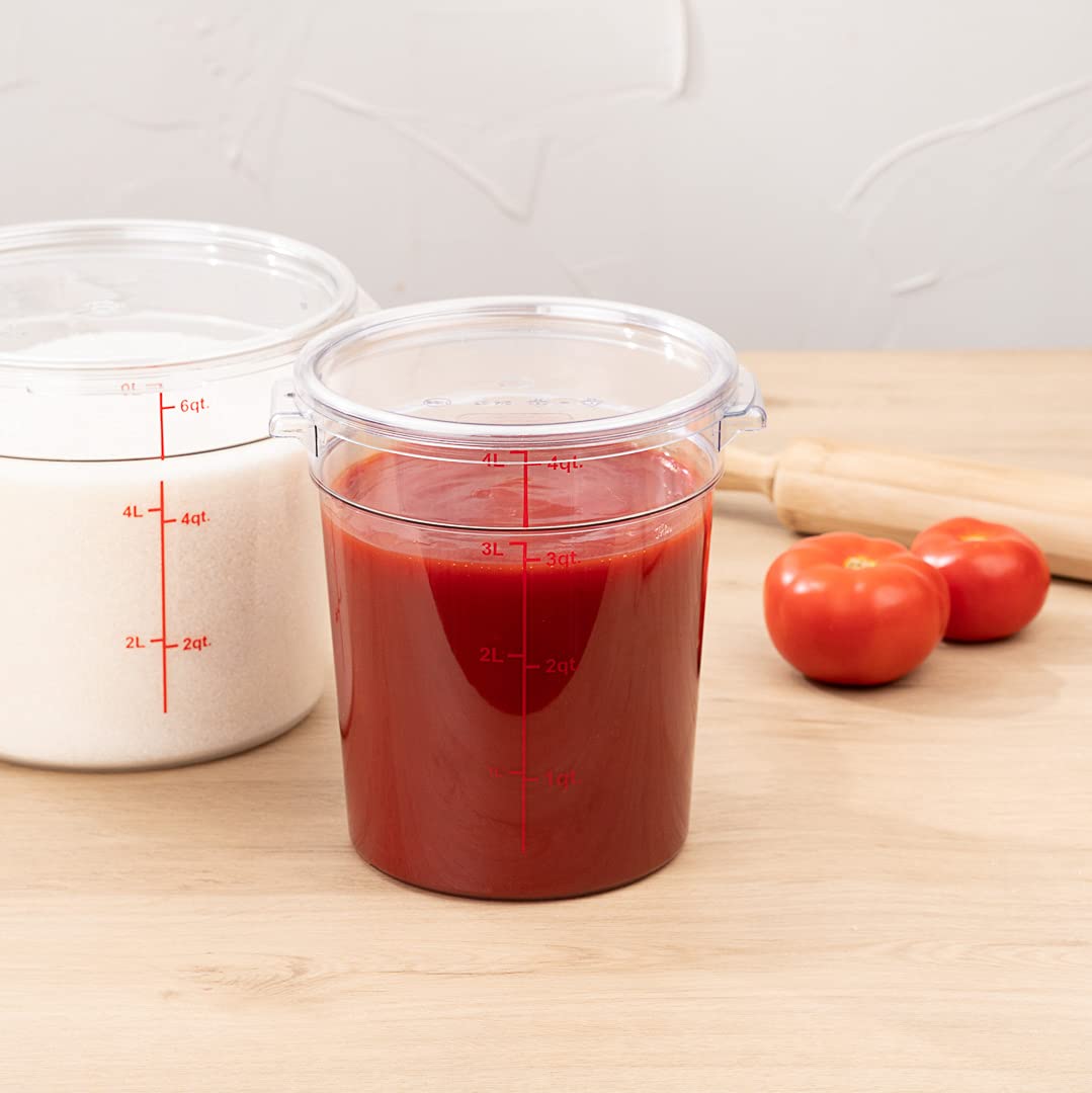 Restaurantware Met Lux 4 Quart (3.8L) Clear Plastic Food Storage Containers - 10-Pack Round Commercial Food Prep Buckets with Volume Markers (Lids Sold Separately) - Ideal for Restaurant Kitchen, Catering, Meal Prep & Bulk Food Storage
