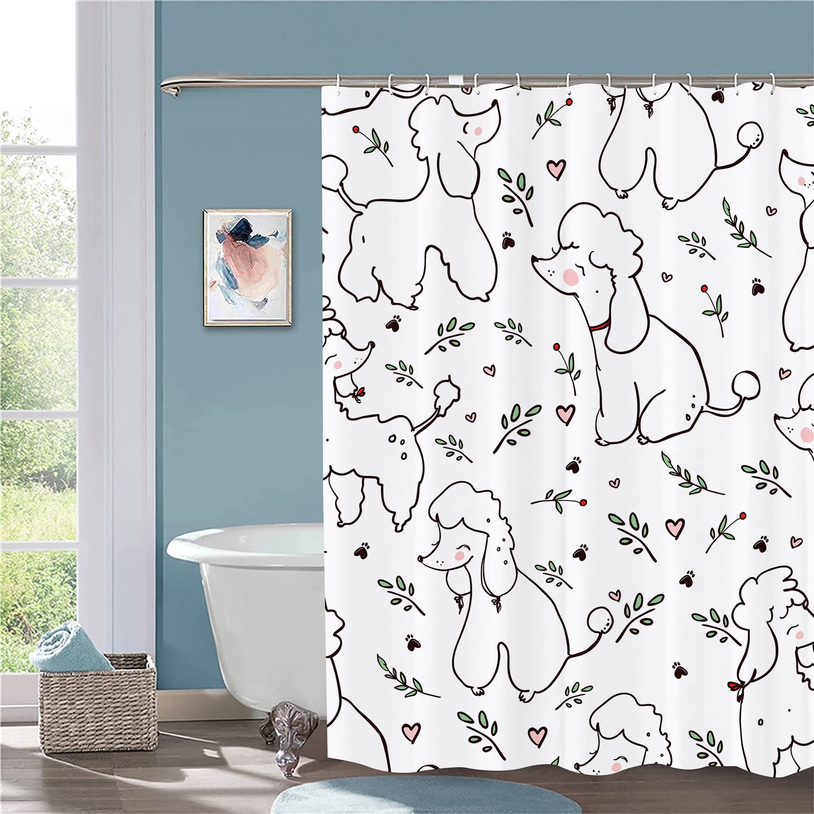 JOOCAR Dog Lover Shower Curtain - Cute Poodle Design Fabric Bathroom Decor Set with Hooks - Perfect for Pet Lovers' Bathroom & Dog-Themed Home Decor