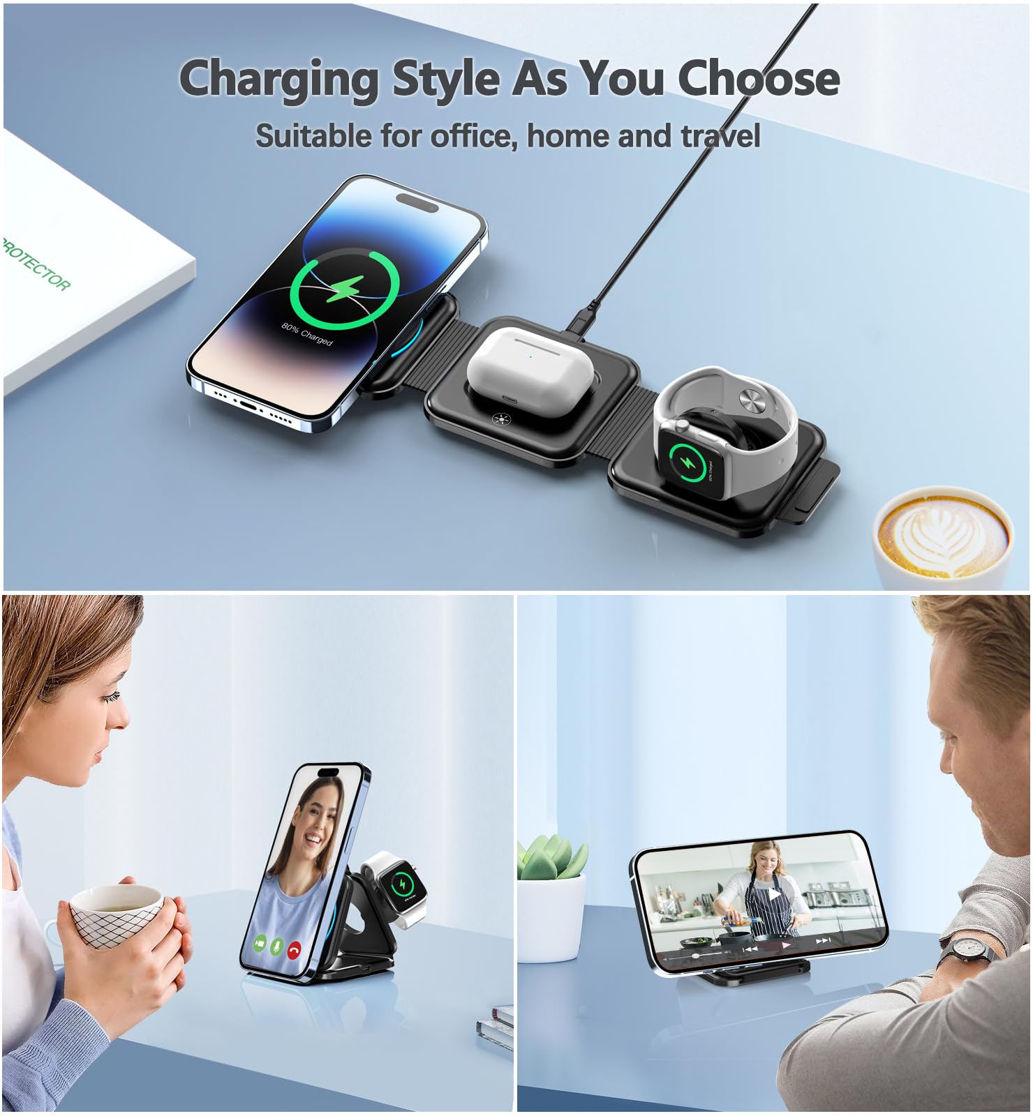 3-in-1 Wireless Charging Station for iPhone 16/15/14/13/12 Pro Max/Plus/Mini, AirPods 2/3/Pro & Apple Watch Ultra/8/7/SE/6/5 - 20W Fast Foldable MagSafe Charger Pad - Perfect for Travel, Office & Nightstand Charging