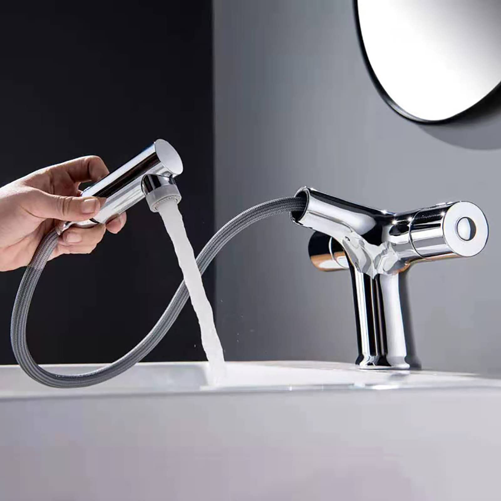 Black Thermostatic Brass Single Hole Bathroom Sink Faucet with 2-Function Pull-Out Sprayer - Deck Mounted Basin Mixer Tap for Vanity & Bathroom Sink | Perfect for Modern Home, Hotel, and Commercial Use